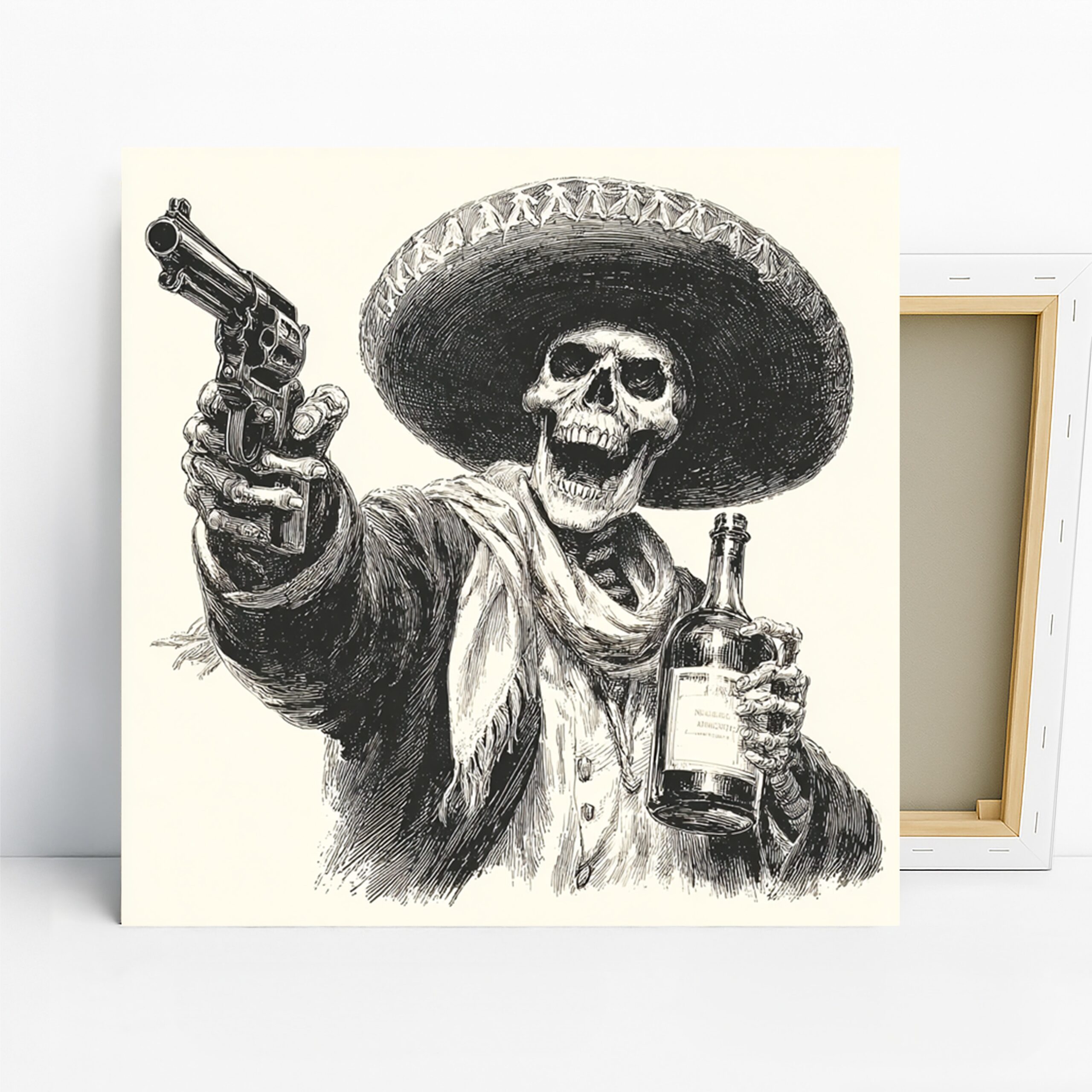 Skeleton Gunslinger Art, Canvas or Poster, Vintage Gothic Rustic Decor, Game Room Home Bar Office Living Room Wall Art, Black White Brown