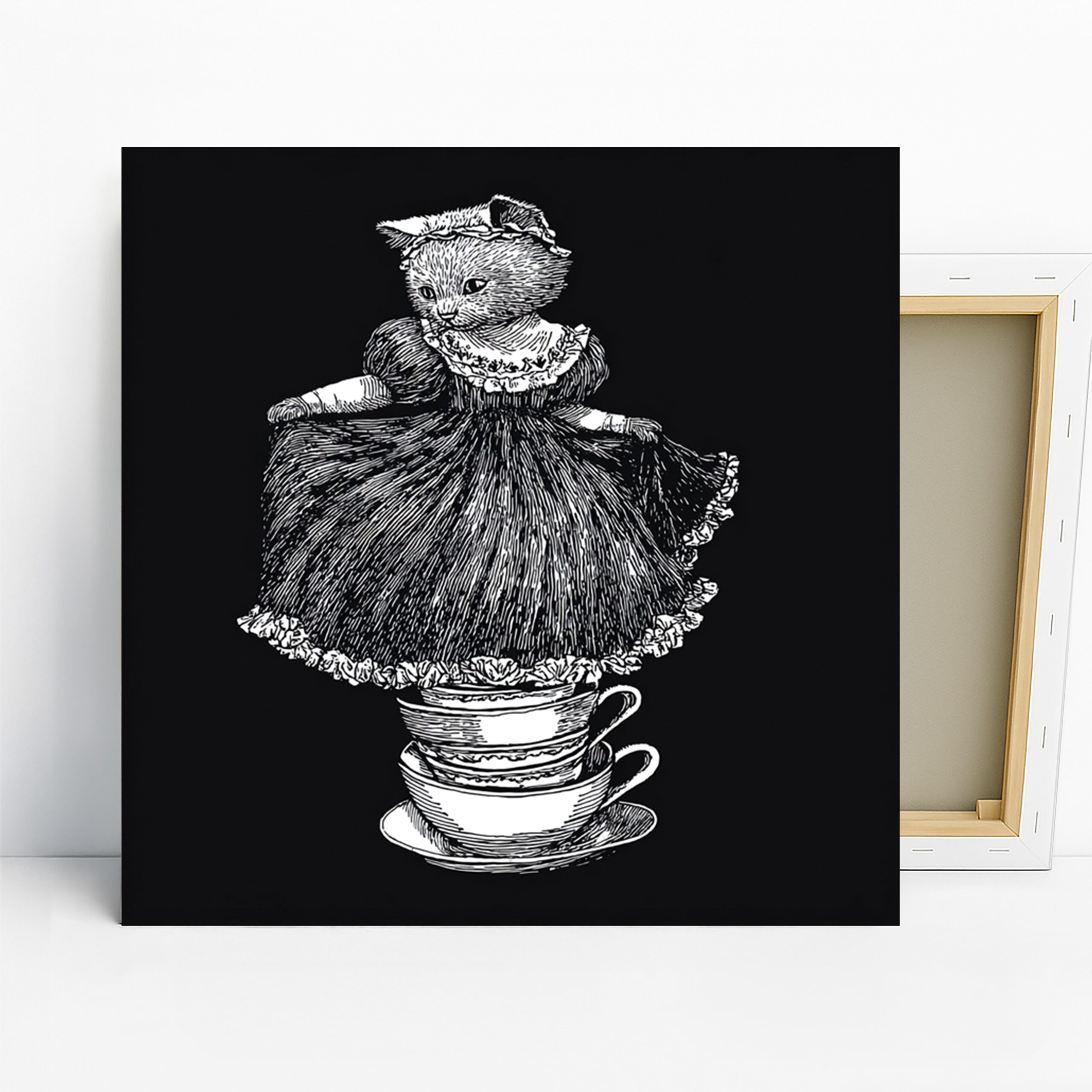 Cat Tea Party Art, Canvas or Poster, Whimsical Vintage Decor, Living Room Bedroom Nursery Wall Art, Black White Grey, Animal Art