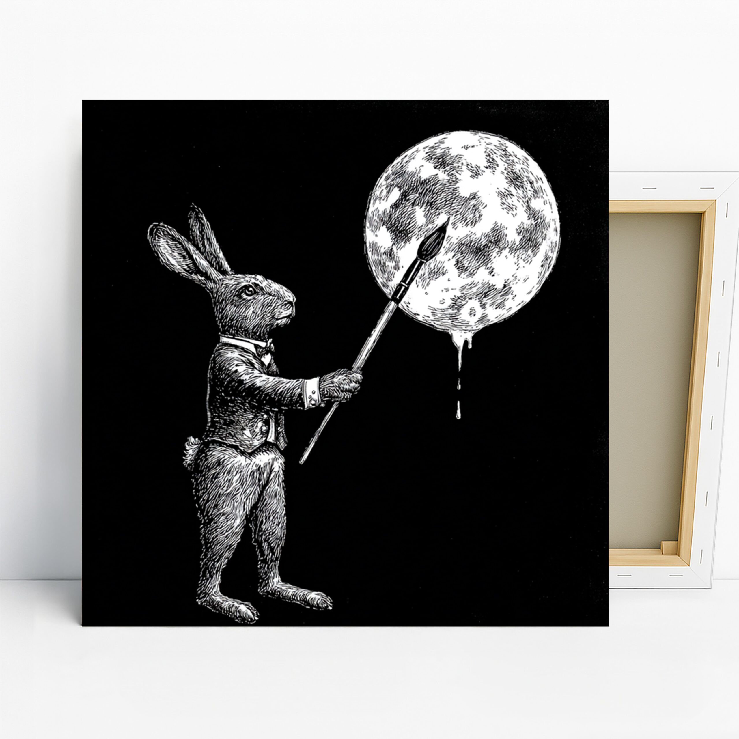 Rabbit Art, Canvas or Poster, Surrealism Whimsical Decor, Living Room Office Bedroom Children’s Room Wall Art, Black White Grey