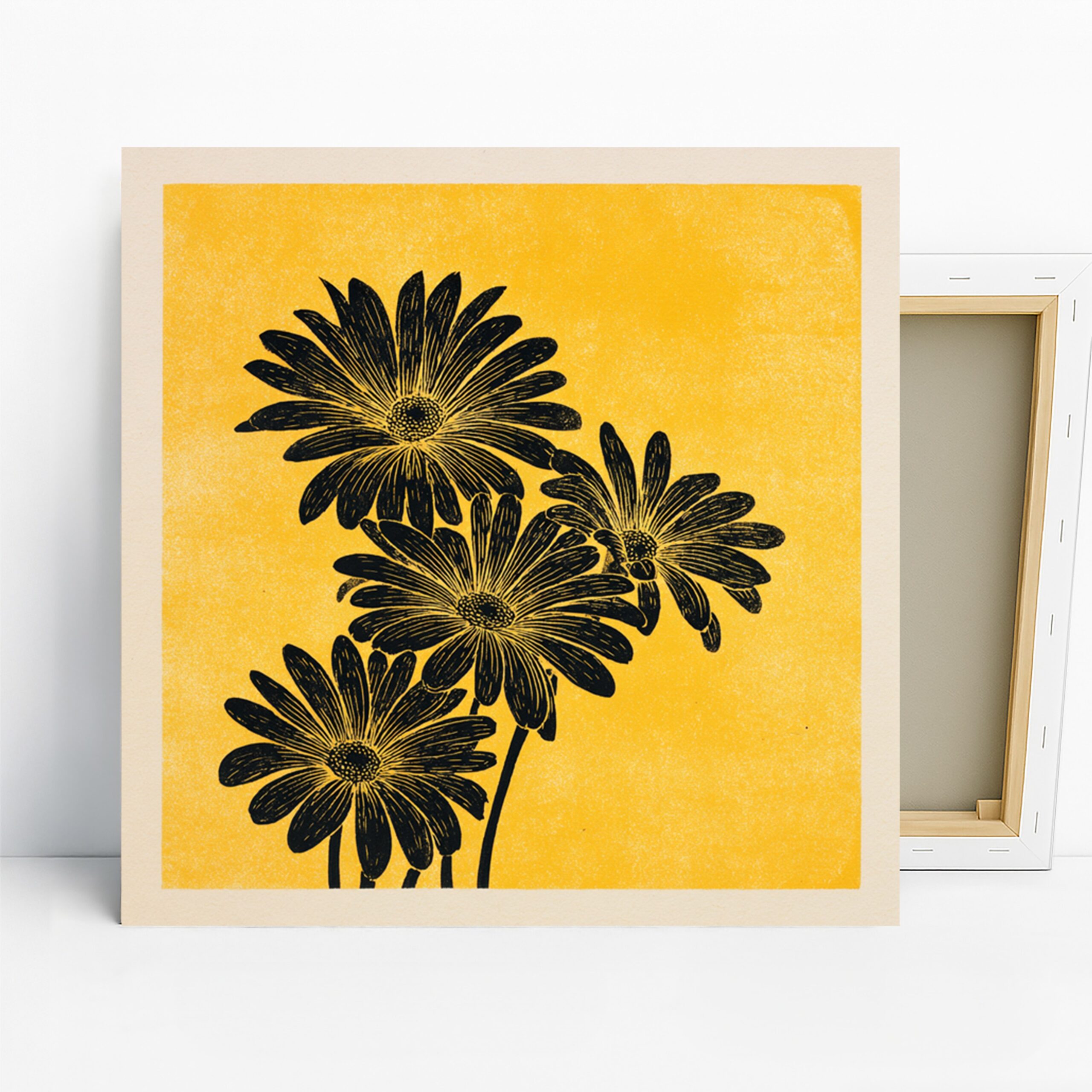 Daisy Silhouette Art, Canvas or Poster, Floral Nature Decor, Living Room Bedroom Office Dining Room Wall Art, Yellow Black Gold 
