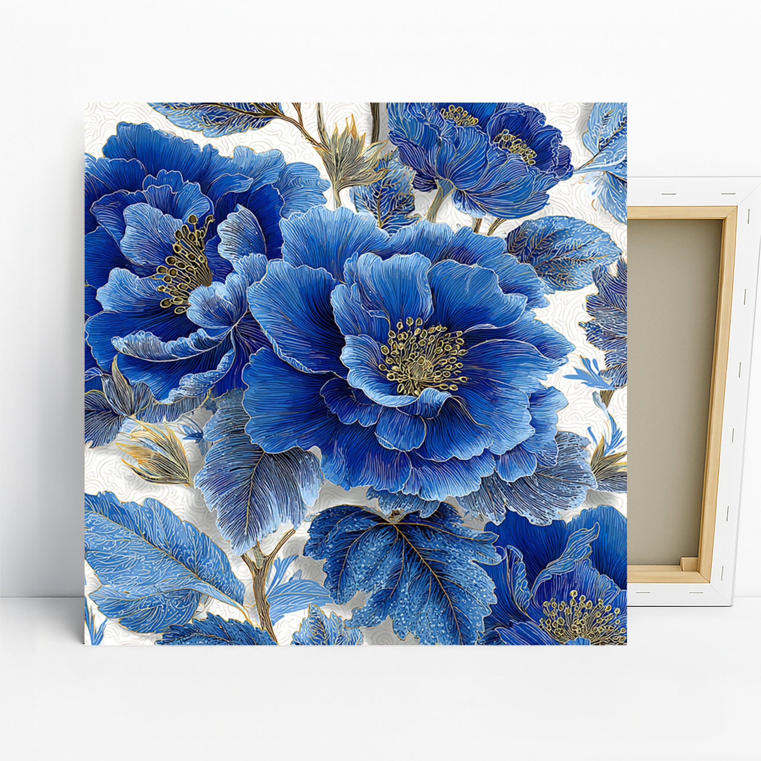 Blue Peony Bloom Art, Canvas or Poster, Floral Nature Decor, Living Room Bedroom Office Dining Wall Art, Blue Gold White, Modern Glam Decor