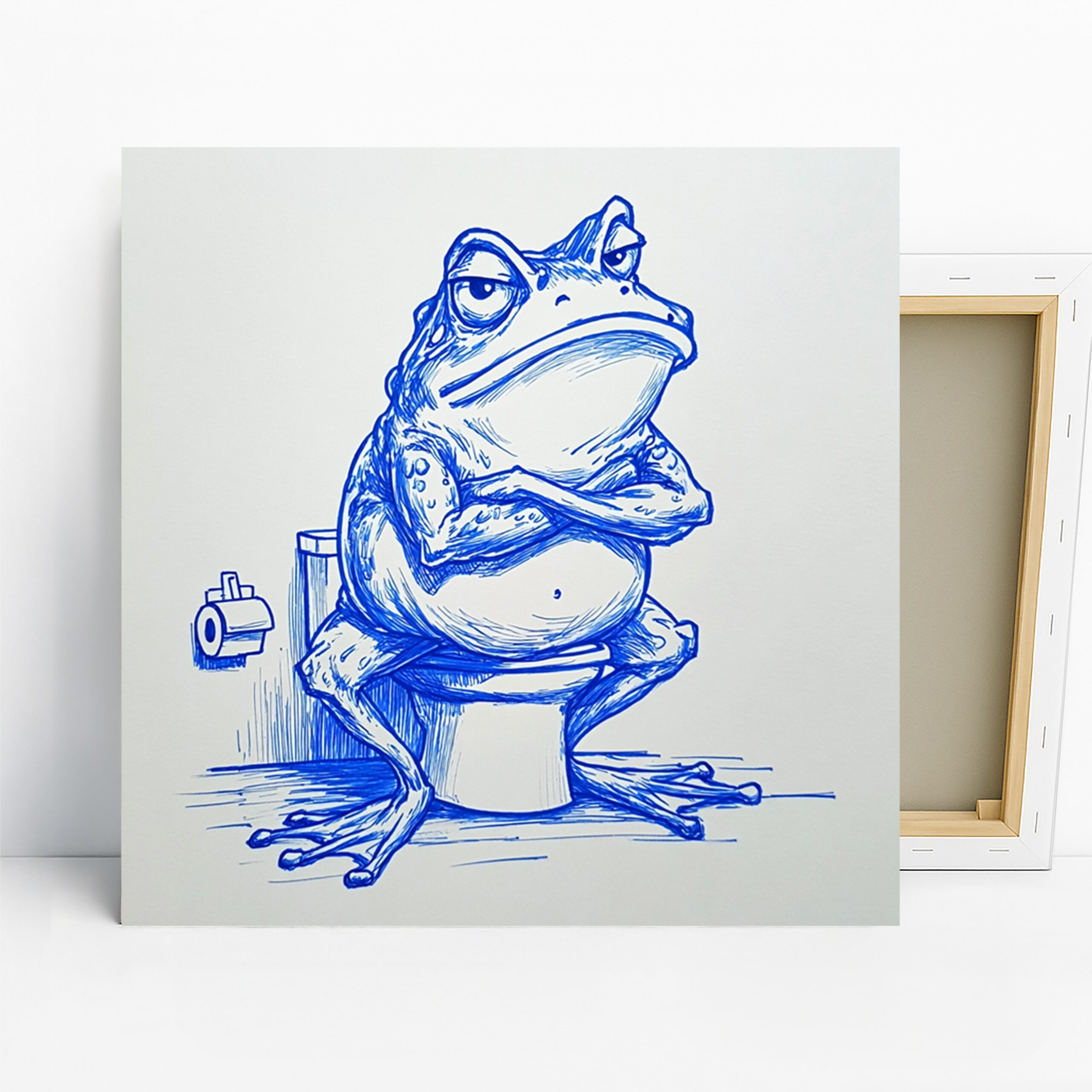 Frog Toilet Art, Canvas or Poster, Whimsical Contemporary Decor, Bathroom Living Room Office Wall Art, Blue and White, Funny Home Decor
