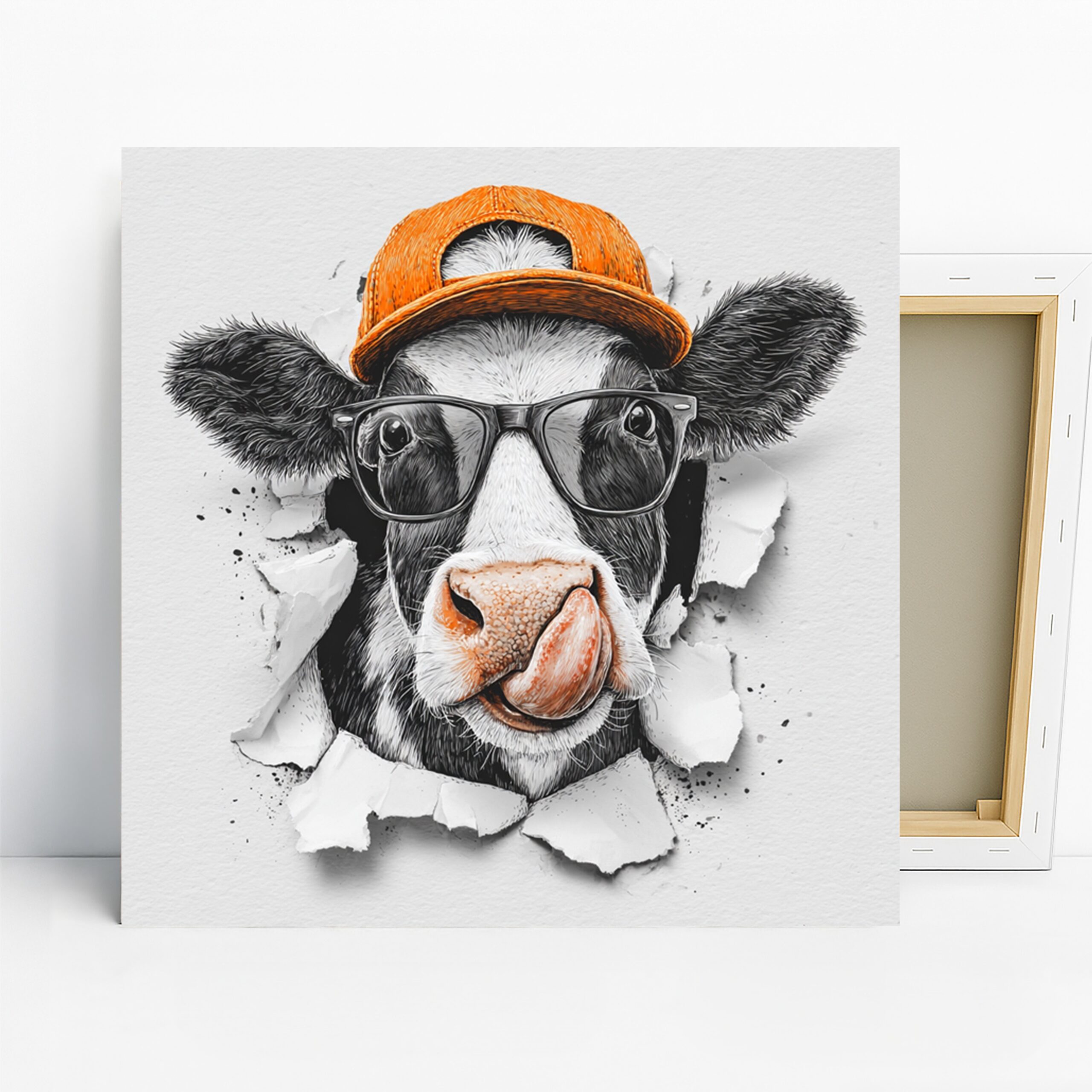 Hipster Cow Art, Canvas or Poster, Whimsical Modern Farmhouse Decor, Kitchen Dining Room Living Room Wall Art, Orange Black White Colors