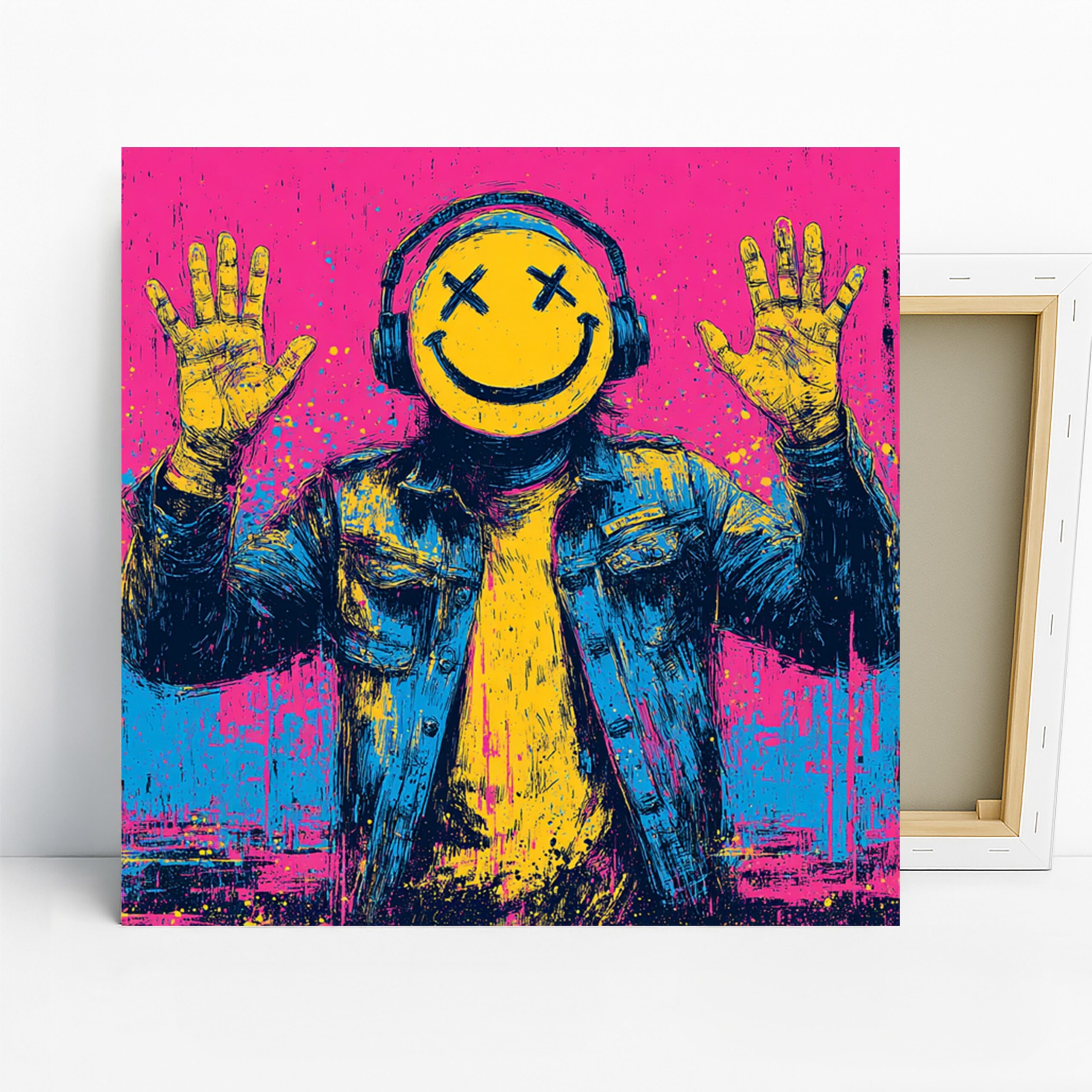 Smiley Headphones Art, Canvas or Poster, Pop Art Modern Decor, Living Room Bedroom Home Office Wall Art, Pink Yellow Blue Black