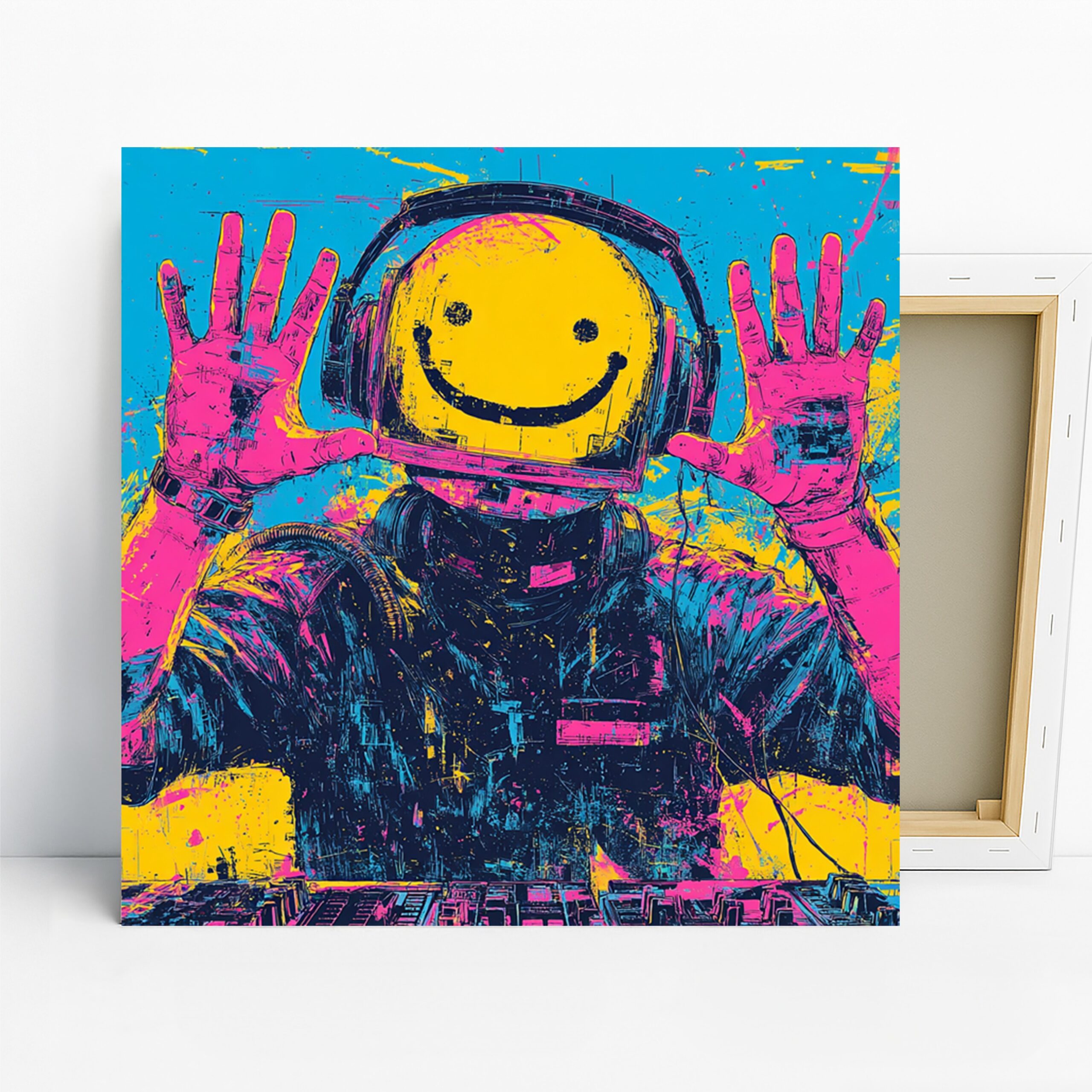 Happy Astronaut DJ Art, Canvas or Poster, Pop Art Retro Eclectic Decor, Game Room Living Room Bedroom Wall Art, Yellow Pink Blue Black