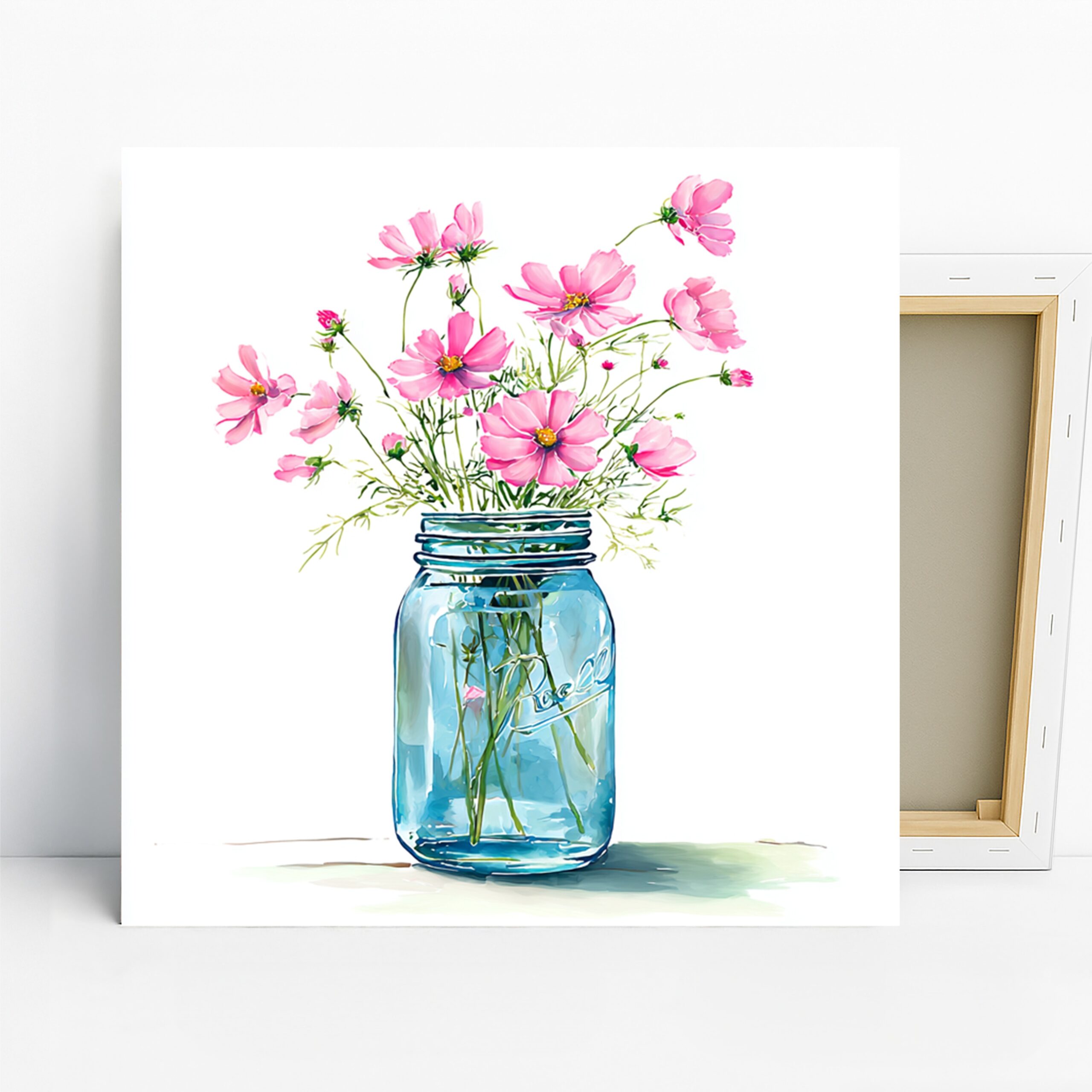 Pink Cosmos Art, Canvas or Poster, Floral Nature Decor, Living Room Bedroom Kitchen Wall Art, Pink Blue Green White