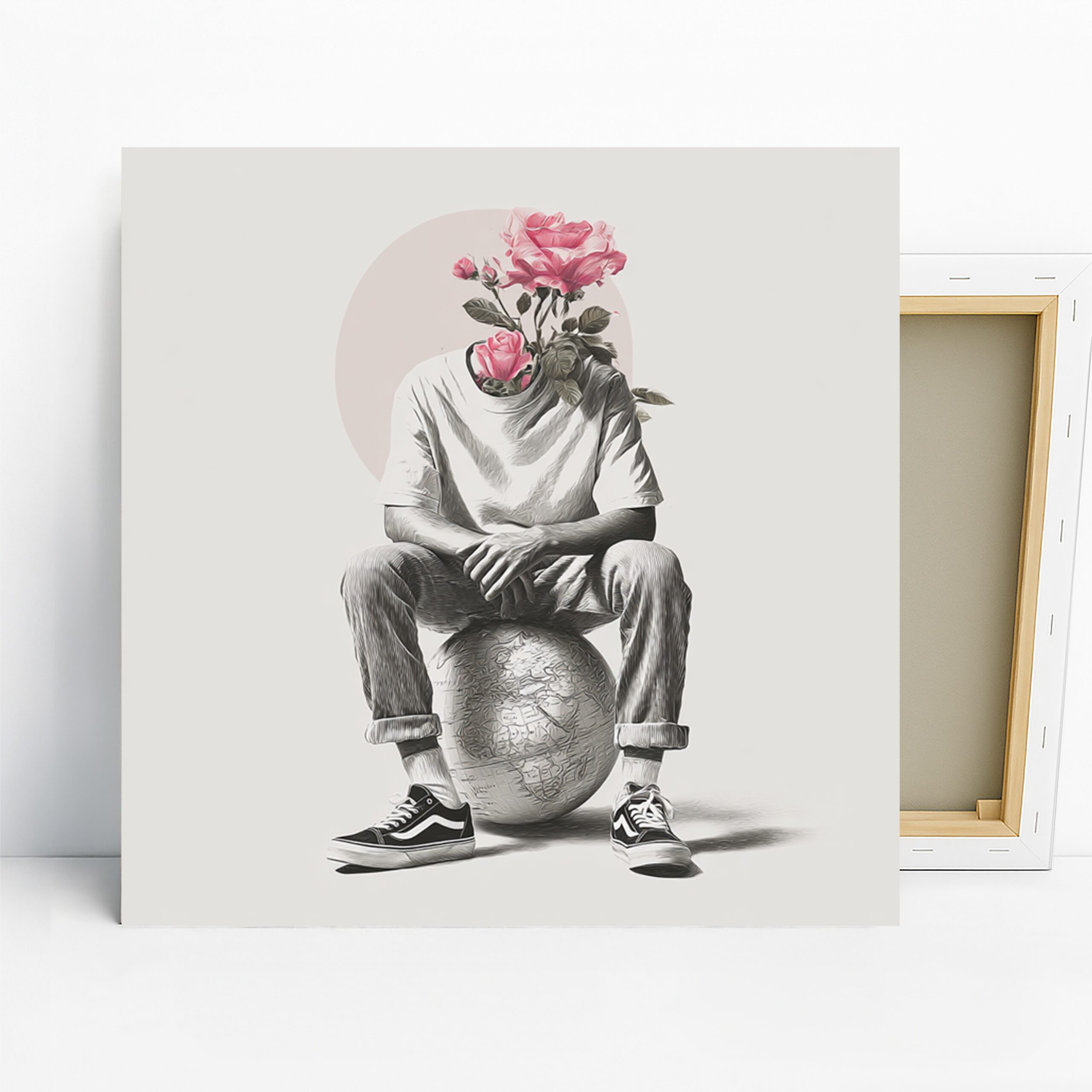 Blooming Thoughts Globe Art, Canvas or Poster, Surrealism Modern Decor, Living Room Office Bedroom Dining Room Wall Art, Pink Gray White 