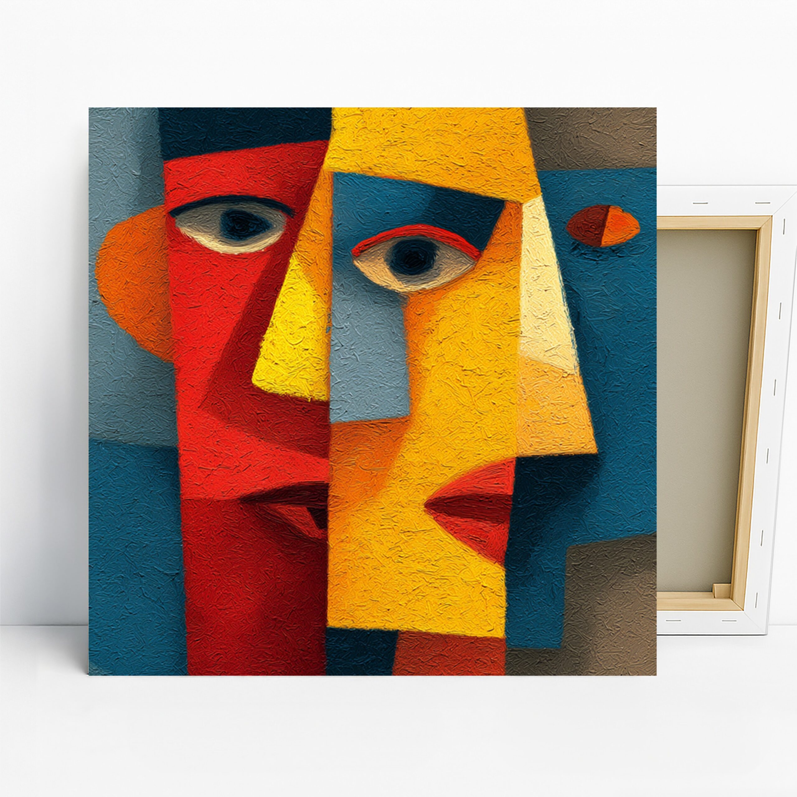 Cubist Faces Art, Canvas or Poster, Abstract Modern Decor, Living Room Office Bedroom Wall Art, Red Yellow Blue and Orange