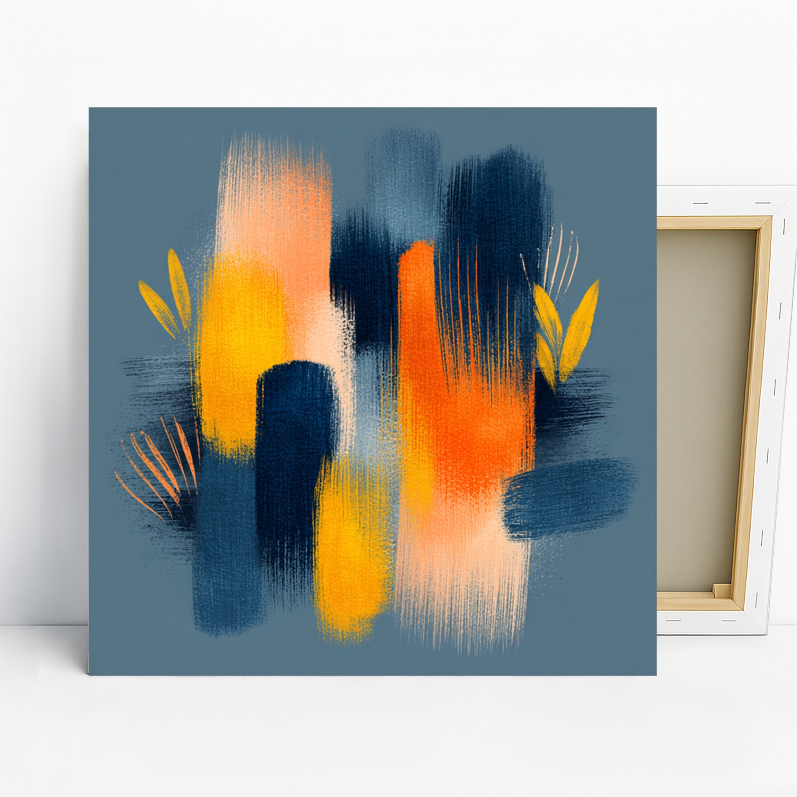 Vibrant Brushstrokes Art, Canvas or Poster, Abstract Contemporary Decor, Living Room Office Bedroom Wall Art, Blue Orange Yellow and Navy
