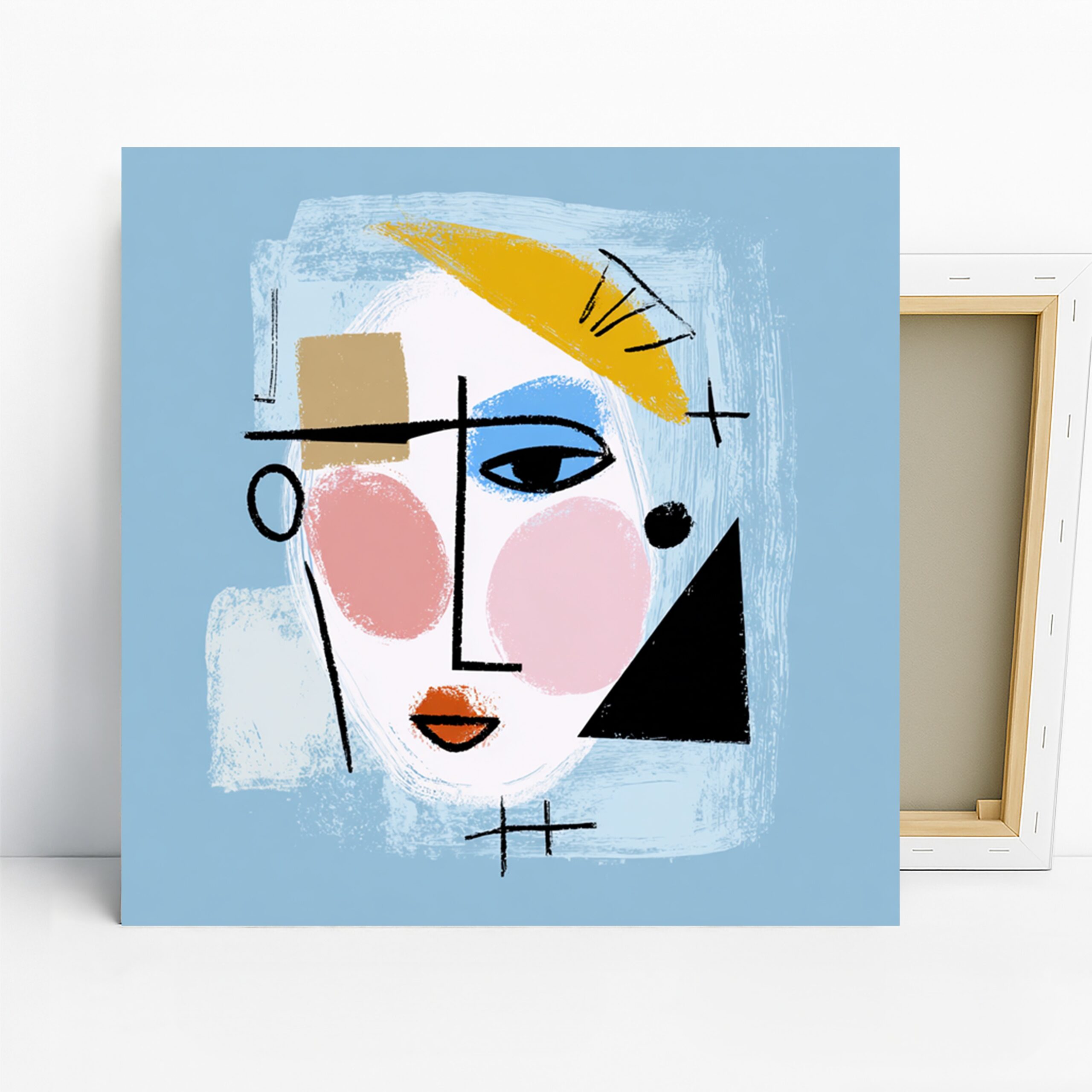 Geometric Face Art, Canvas or Poster, Abstract Minimalism Decor, Living Room Office Bedroom Wall Art, Blue Yellow Pink and White