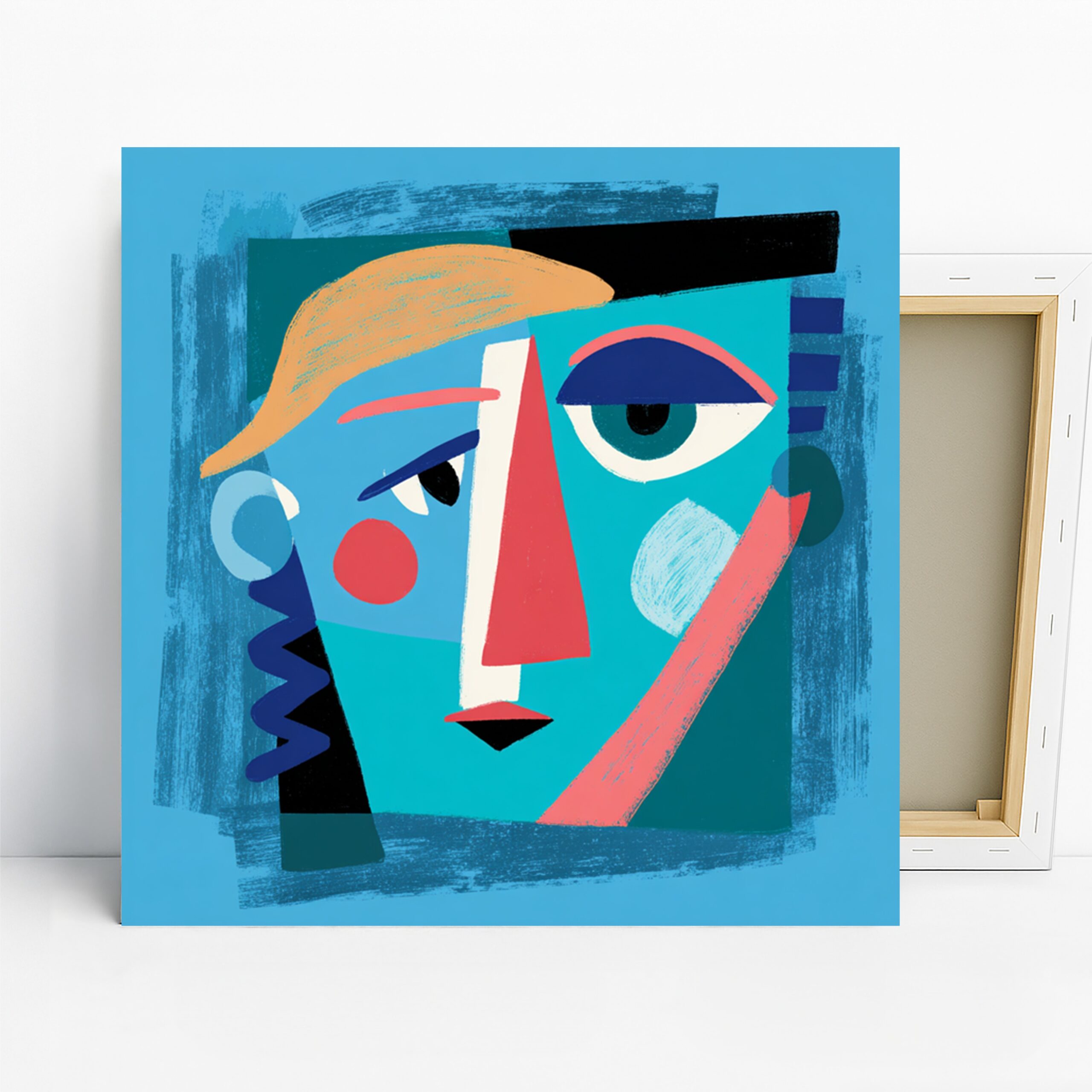 Cubist Face Art, Canvas or Poster, Abstract Contemporary Decor, Living Room Office Bedroom Wall Art, Blue Orange Turquoise and Pink