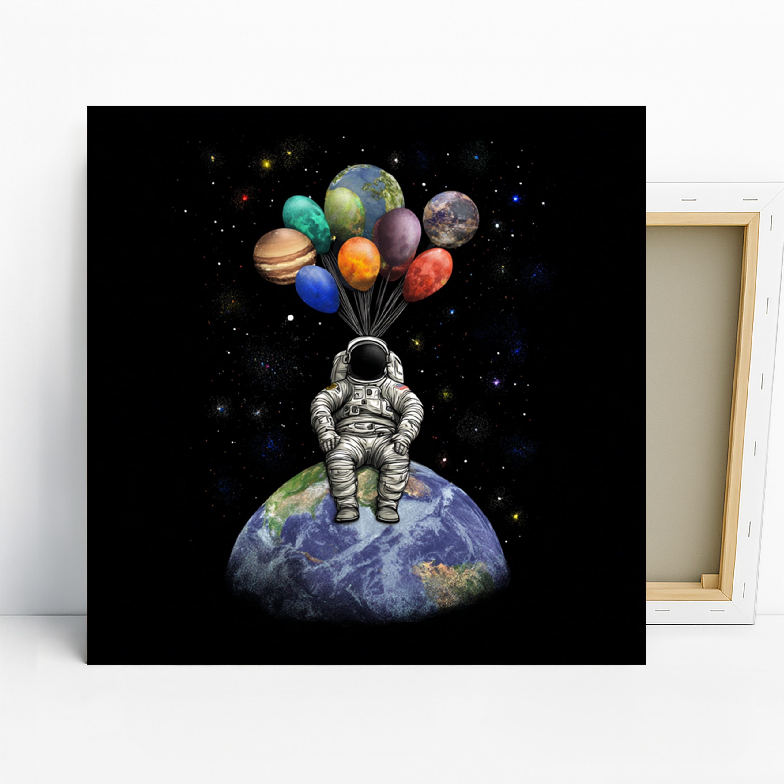 Cosmic Balloon Adventure Art, Canvas or Poster, Surrealism Contemporary Decor, Living Room Office Bedroom Game Room Wall Art, Blue White 