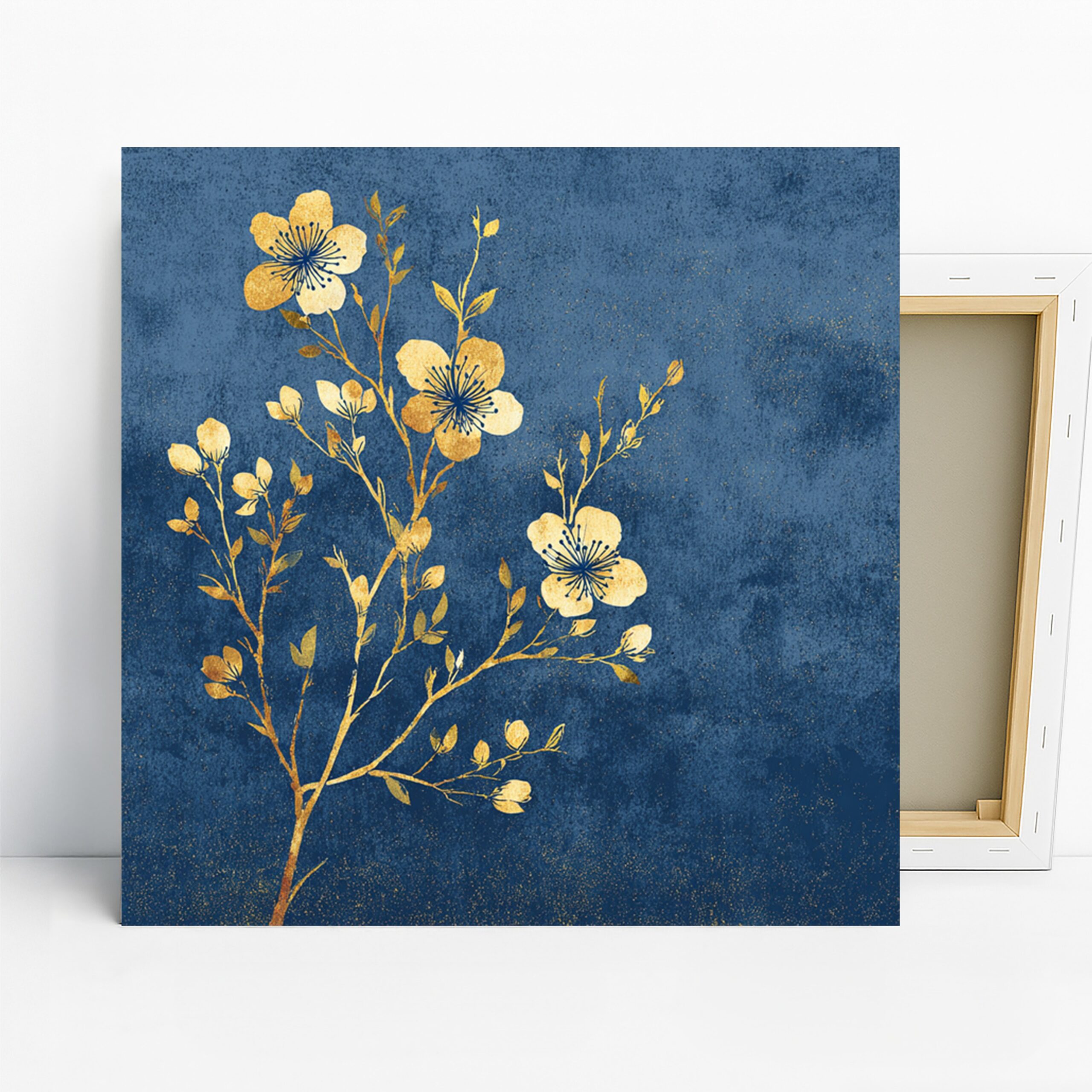 Golden Blossom Art, Canvas or Poster, Floral Contemporary Decor, Living Room Bedroom Office Dining Room Wall Art, Blue Gold Yellow