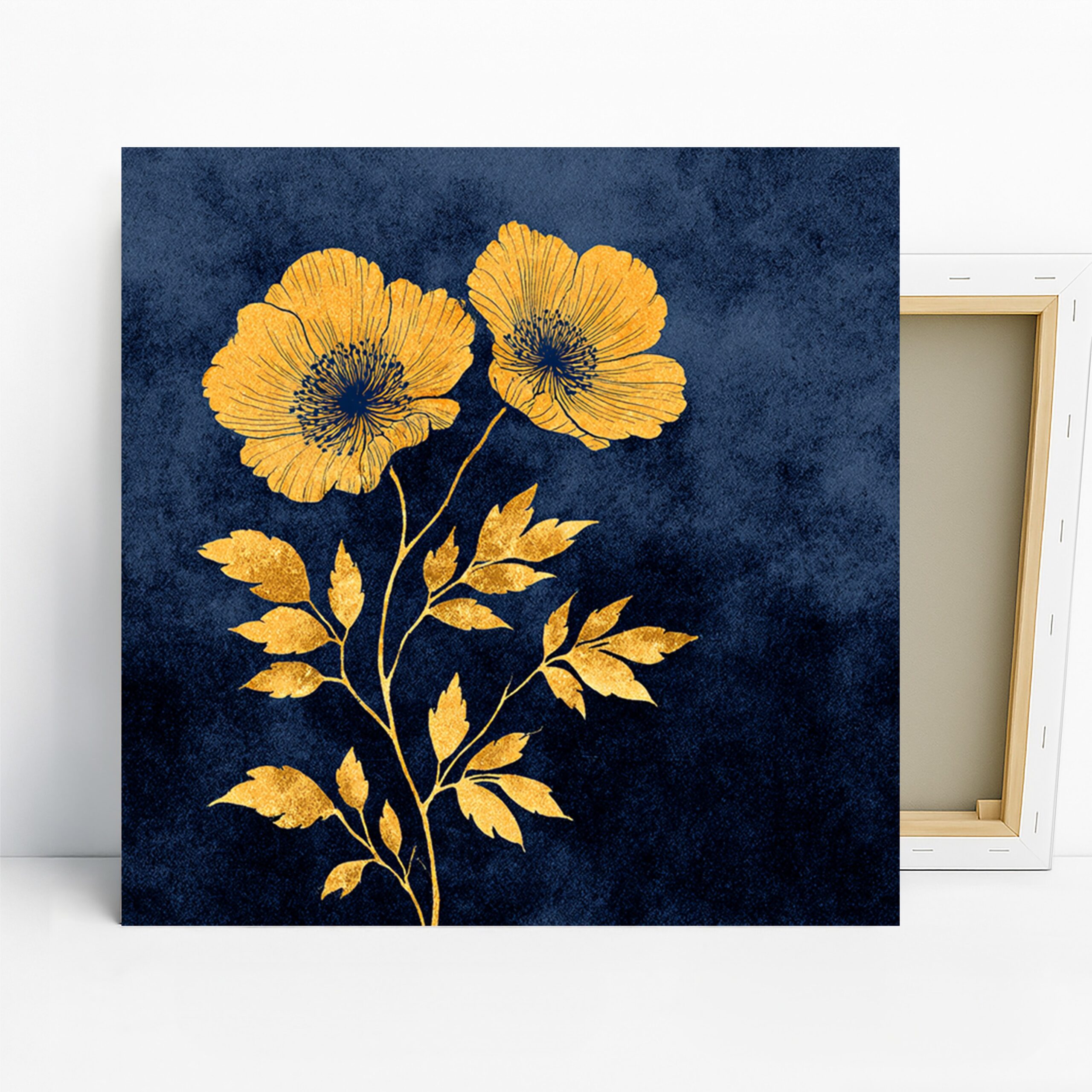 Golden Poppy Art, Canvas or Poster, Floral Contemporary Decor, Living Room Bedroom Office Wall Art, Gold Navy Yellow Colors