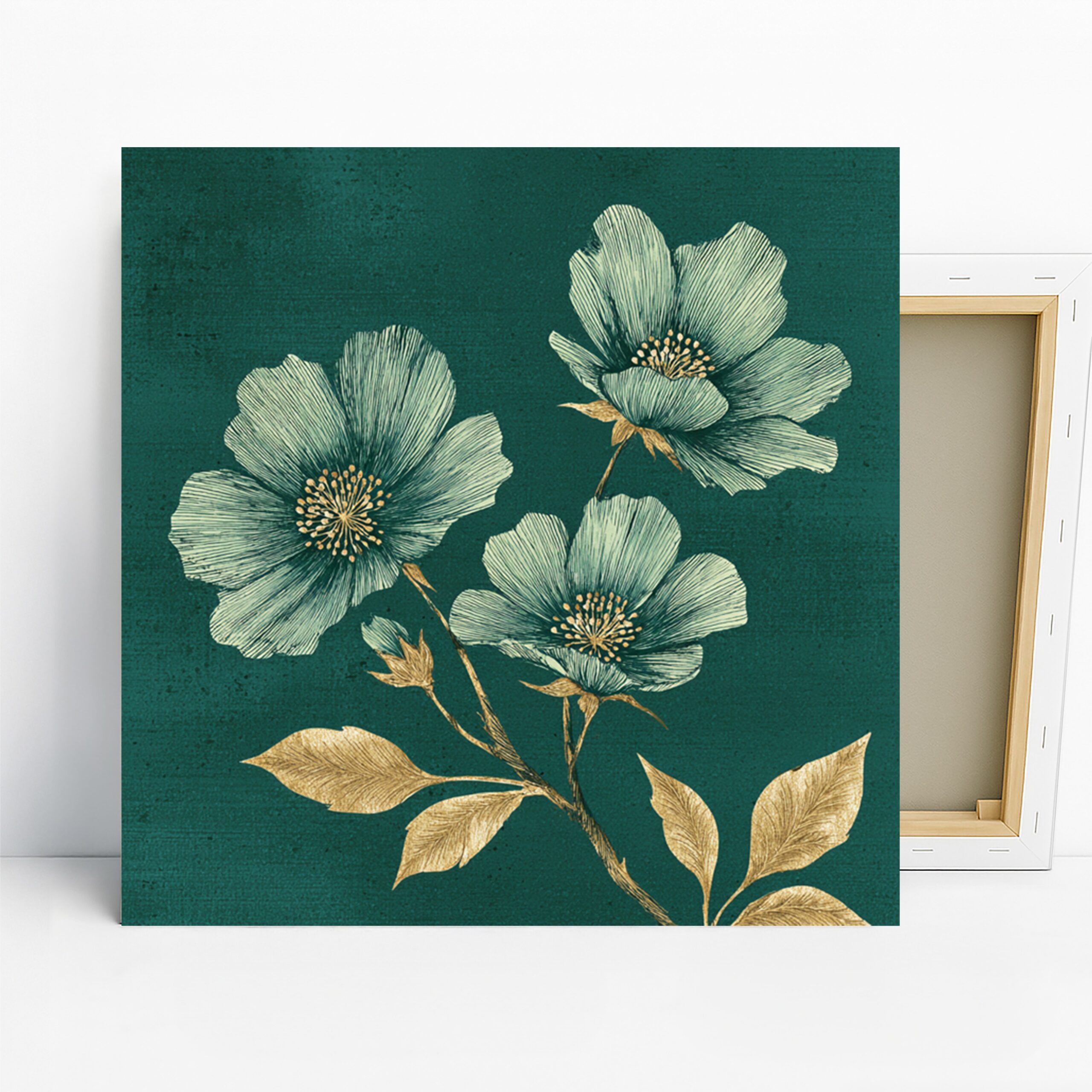 Elegant Poppy Bloom Art, Canvas or Poster, Floral Vintage Decor, Living Room Bedroom Office Dining Room Wall Art, Green Gold Teal