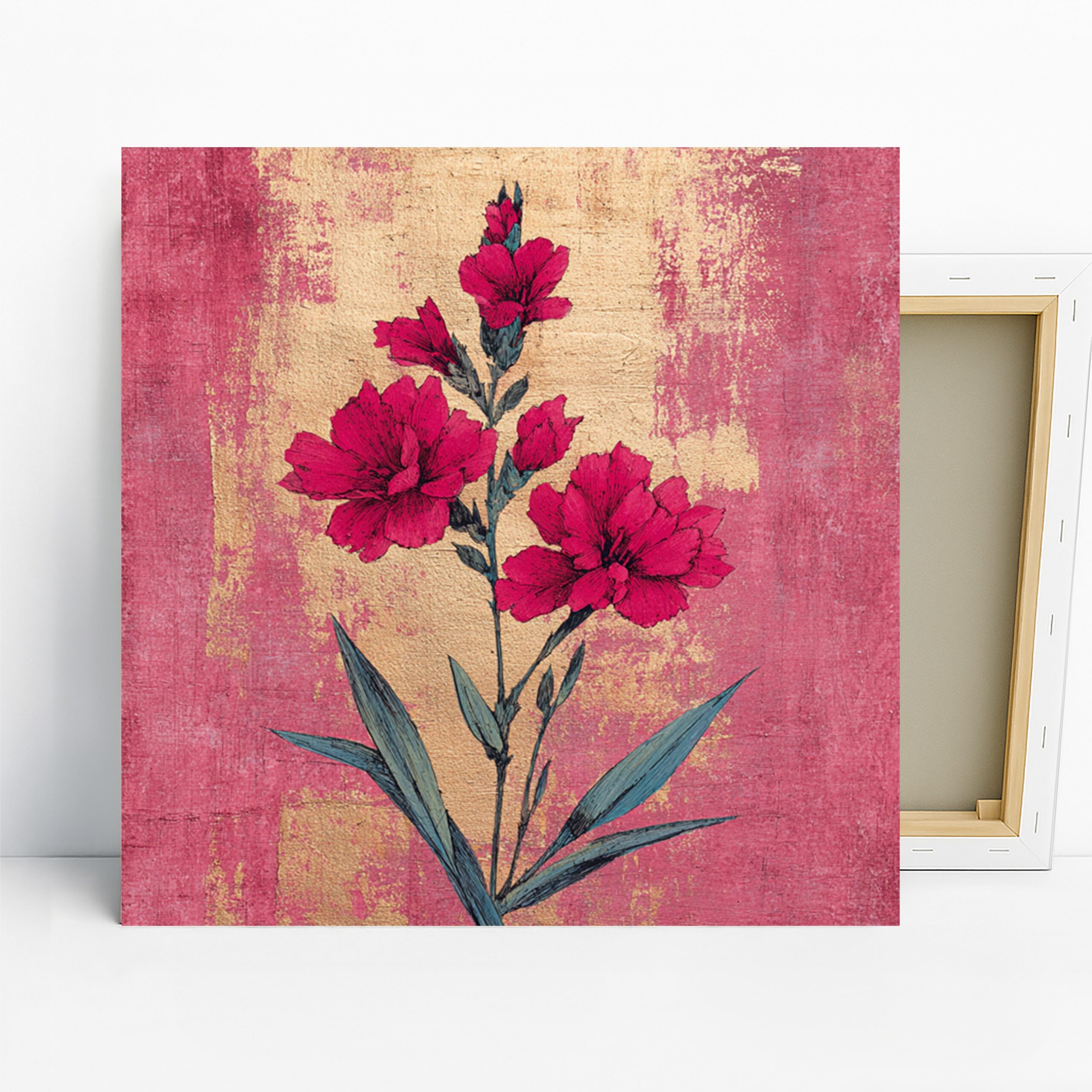 Vintage Red Carnation Art, Canvas or Poster, Floral Nature Decor, Bedroom Living Room Dining Room Bathroom Wall Art, Pink Red Green Gold
