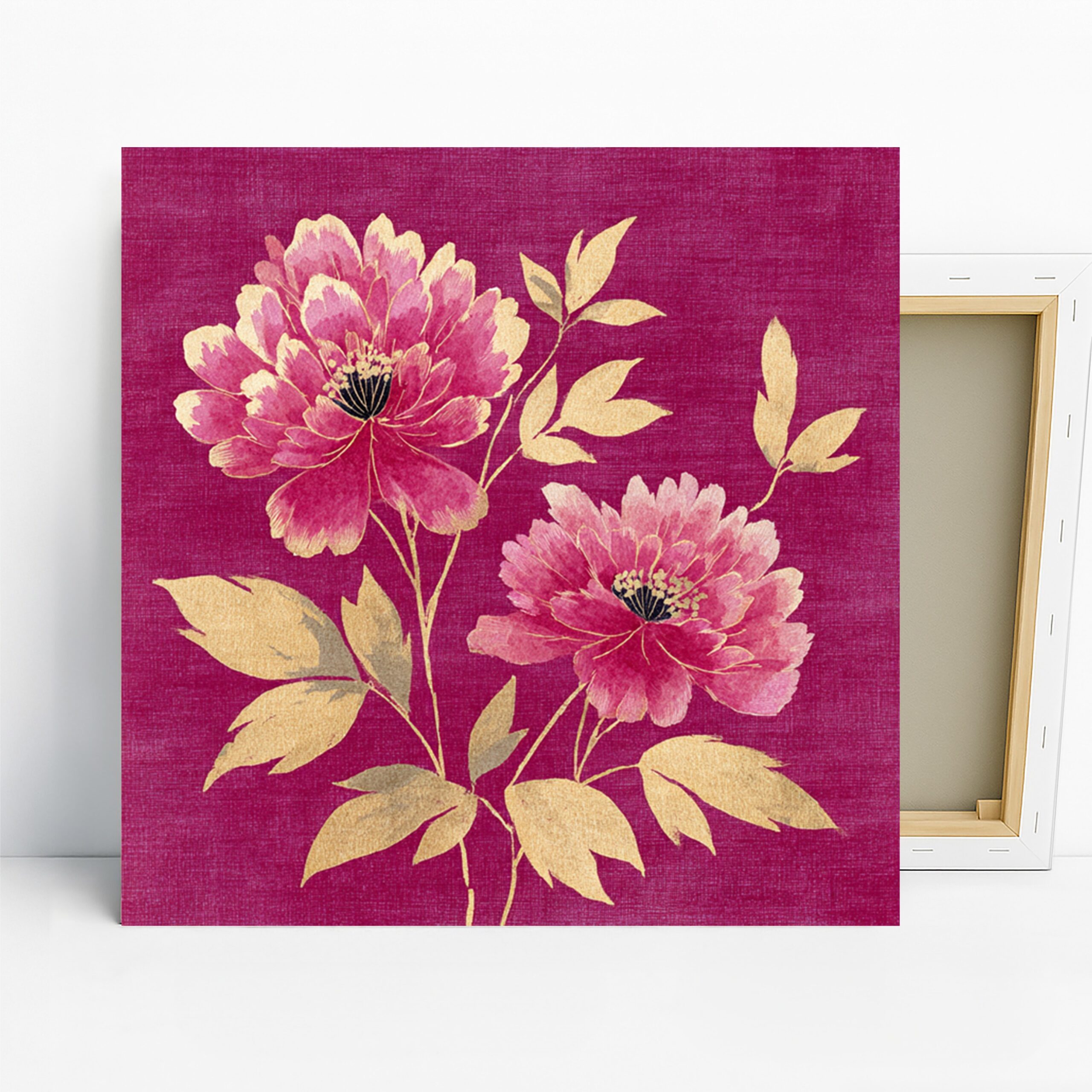 Golden Peony Art, Canvas or Poster, Floral Vintage Decor, Living Room Bedroom Office Wall Art, Pink Gold Maroon, Nature Inspired Home Decor