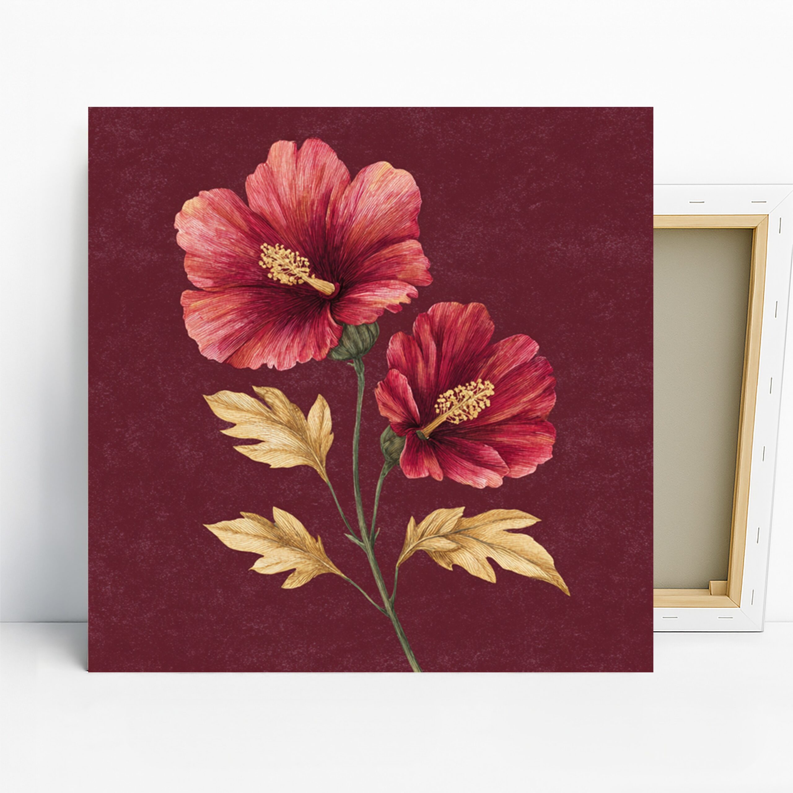 Red Hibiscus Flower Art, Canvas or Poster, Classic Floral Vintage Decor, Living Room Bedroom Dining Room Wall Art, Red Gold Green