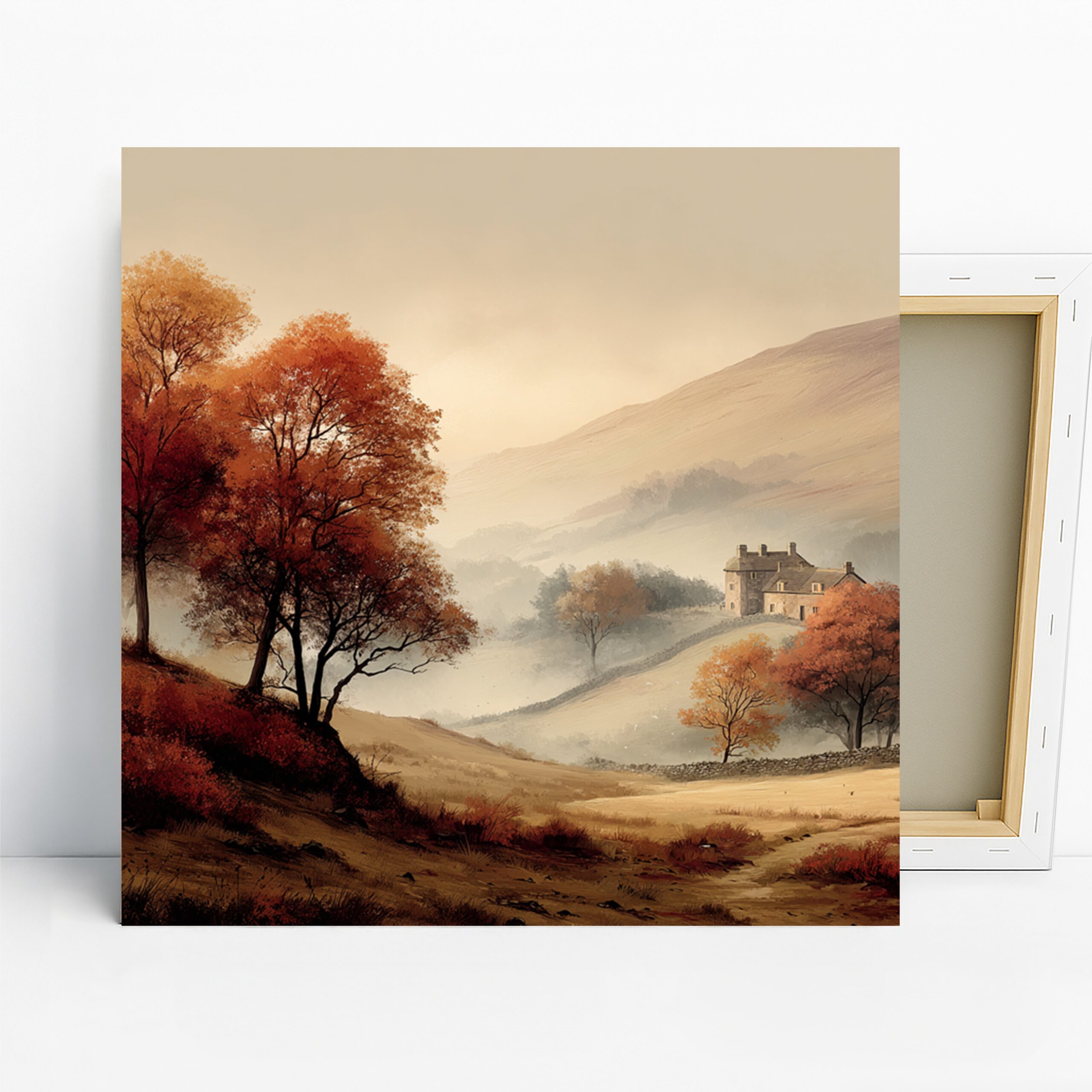 Autumn Valley Farmhouse Art, Canvas or Poster, Nature Rustic Decor, Living Room Bedroom Dining Office Wall Art, Orange Brown Red Beige