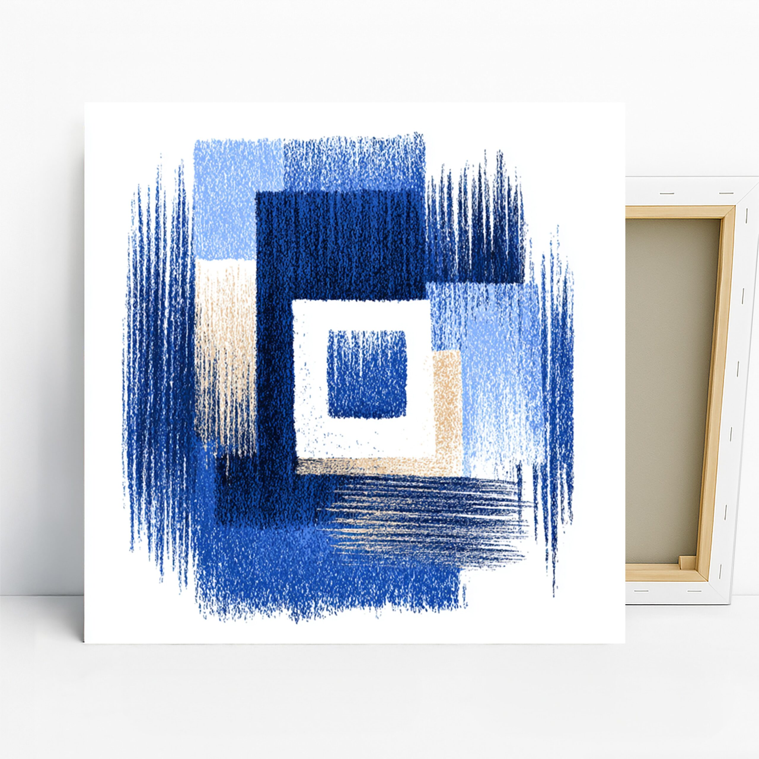 Blue Geometric Squares Art, Canvas or Poster, Abstract Contemporary Decor, Living Room Office Bedroom Wall Art, Blue White Beige