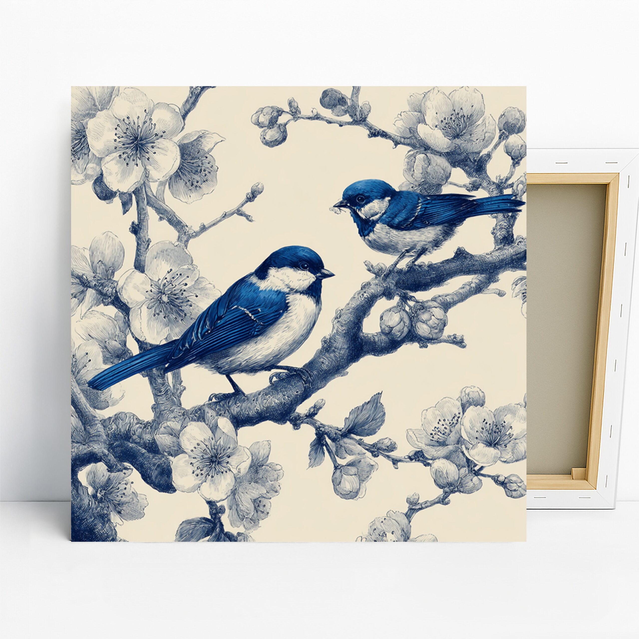 Blue Birds Cherry Blossom Art, Canvas or Poster, Nature Whimsical Decor, Living Room Bedroom Office Wall Art, Blue White Navy Colors