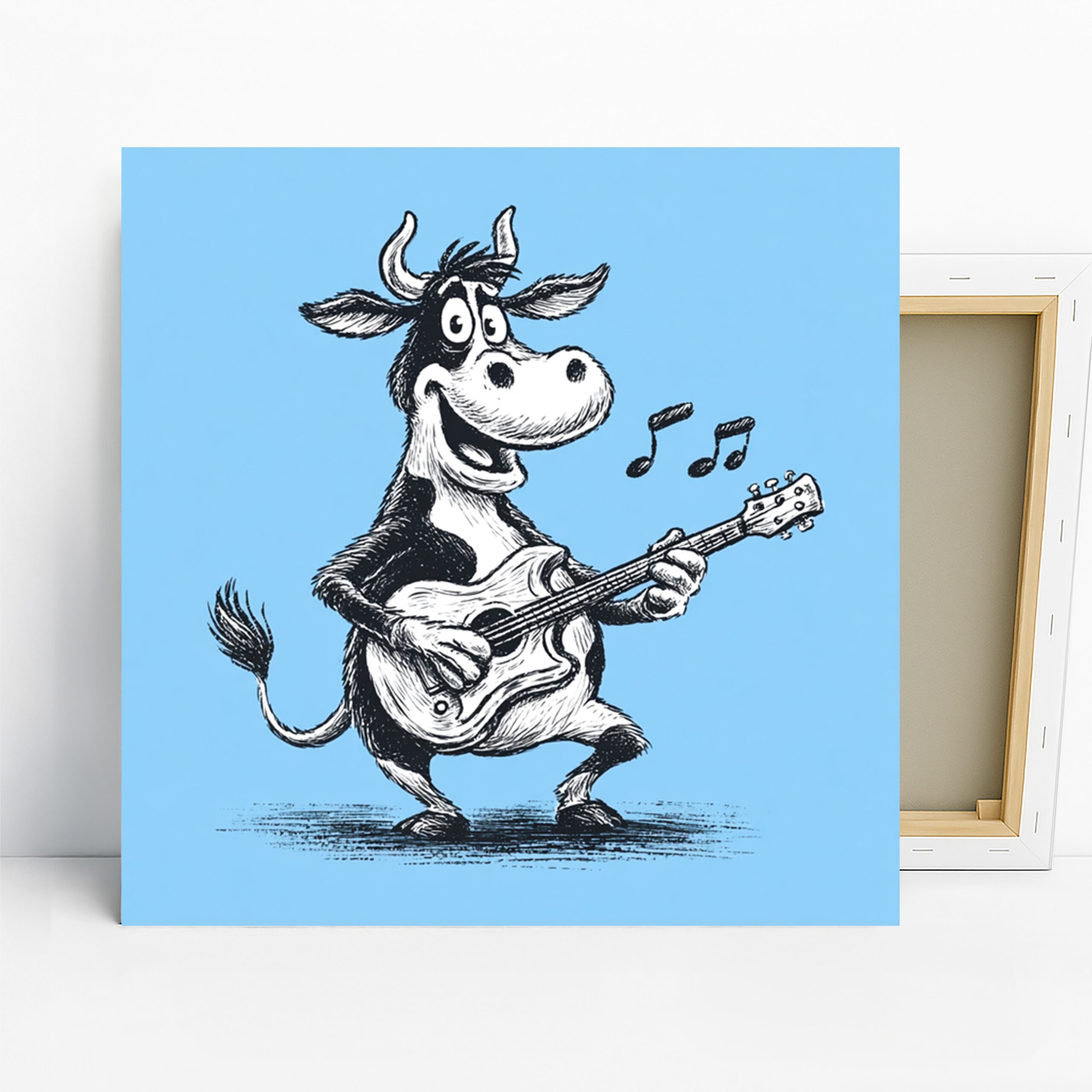 Cow Playing Guitar Art, Canvas or Poster, Whimsical Rustic Decor, Children’s Room Living Room Game Room Wall Art, Black White Blue