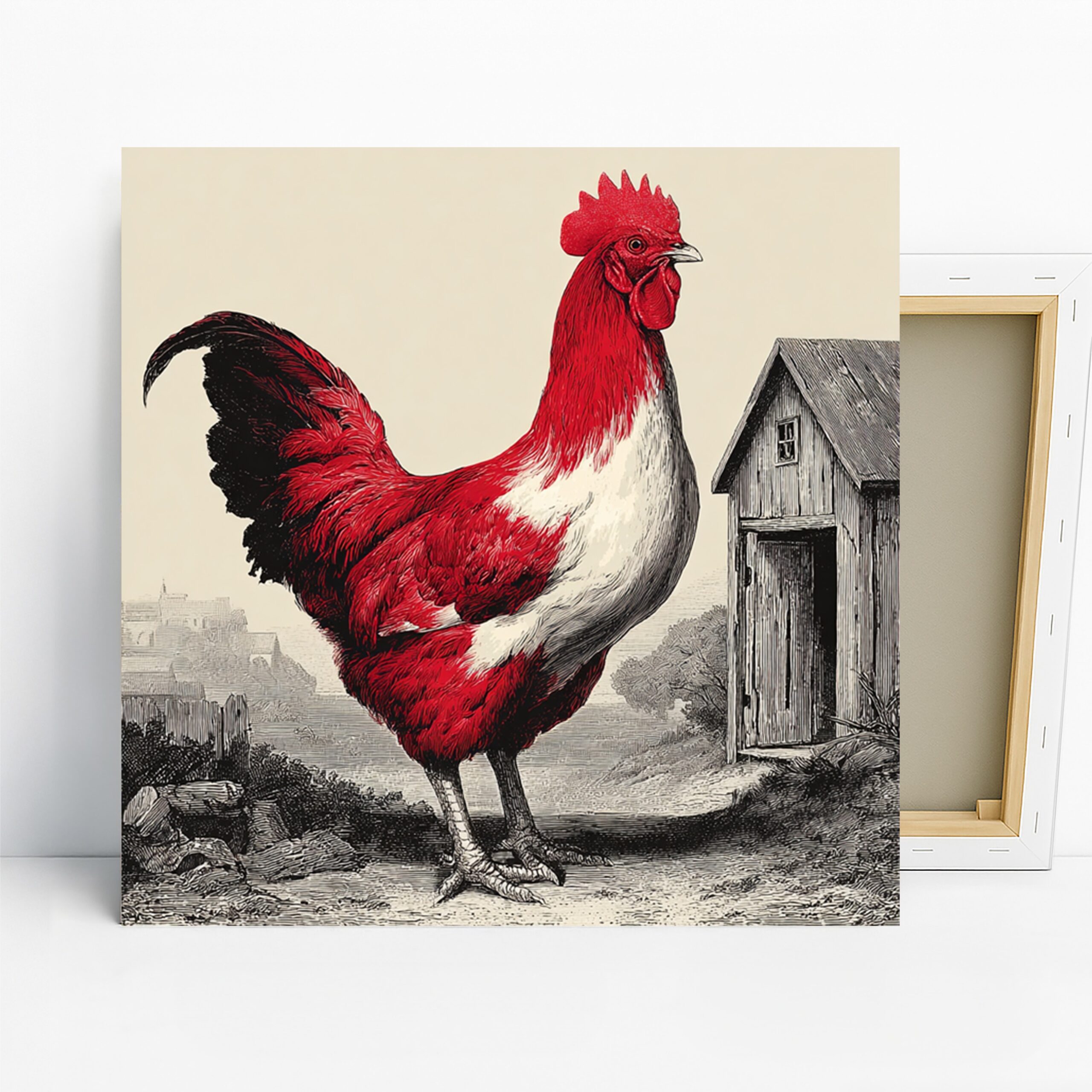 Red Rooster Art, Canvas or Poster, Vintage Animal Decor, Kitchen Dining Room Living Room Wall Art, Red White Black Beige