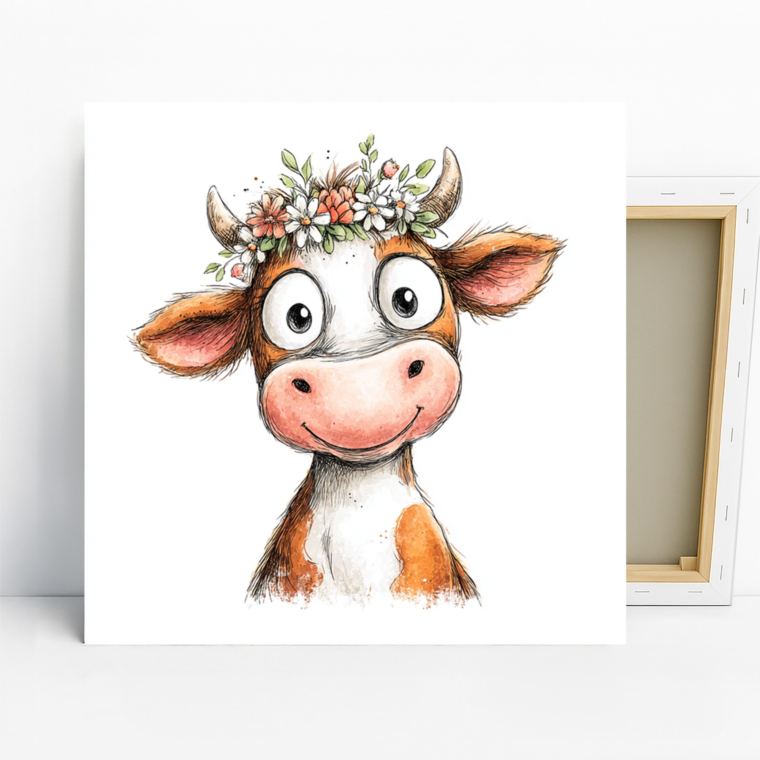 Cow Art, Canvas or Poster, Whimsical Farmhouse Decor, Children’s Room Nursery Kitchen Living Room Wall Art, Orange White Green Pink