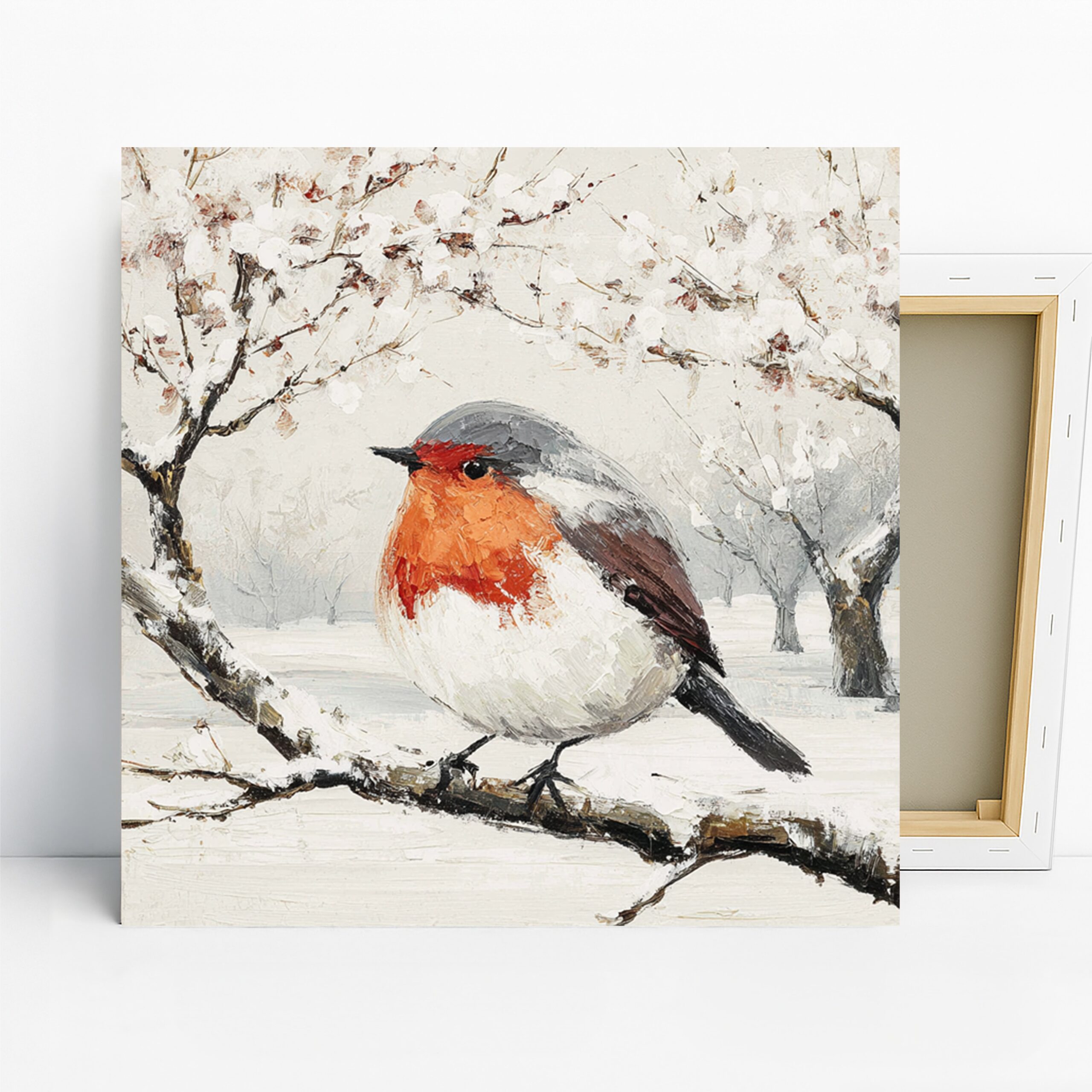 Robin Art, Canvas or Poster, Nature Impressionism Decor, Living Room Bedroom Office Wall Art, Red White Grey Brown Winter Scene