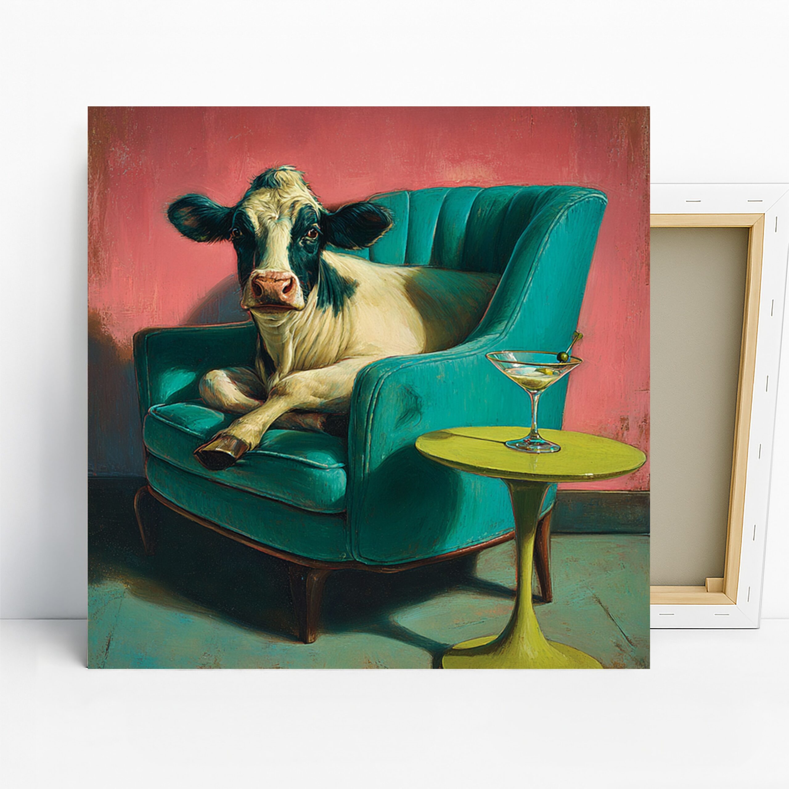 Cow Cocktail Art, Canvas or Poster, Whimsical Contemporary Decor, Living Room Home Bar Dining Room Wall Art, Teal White Pink Green