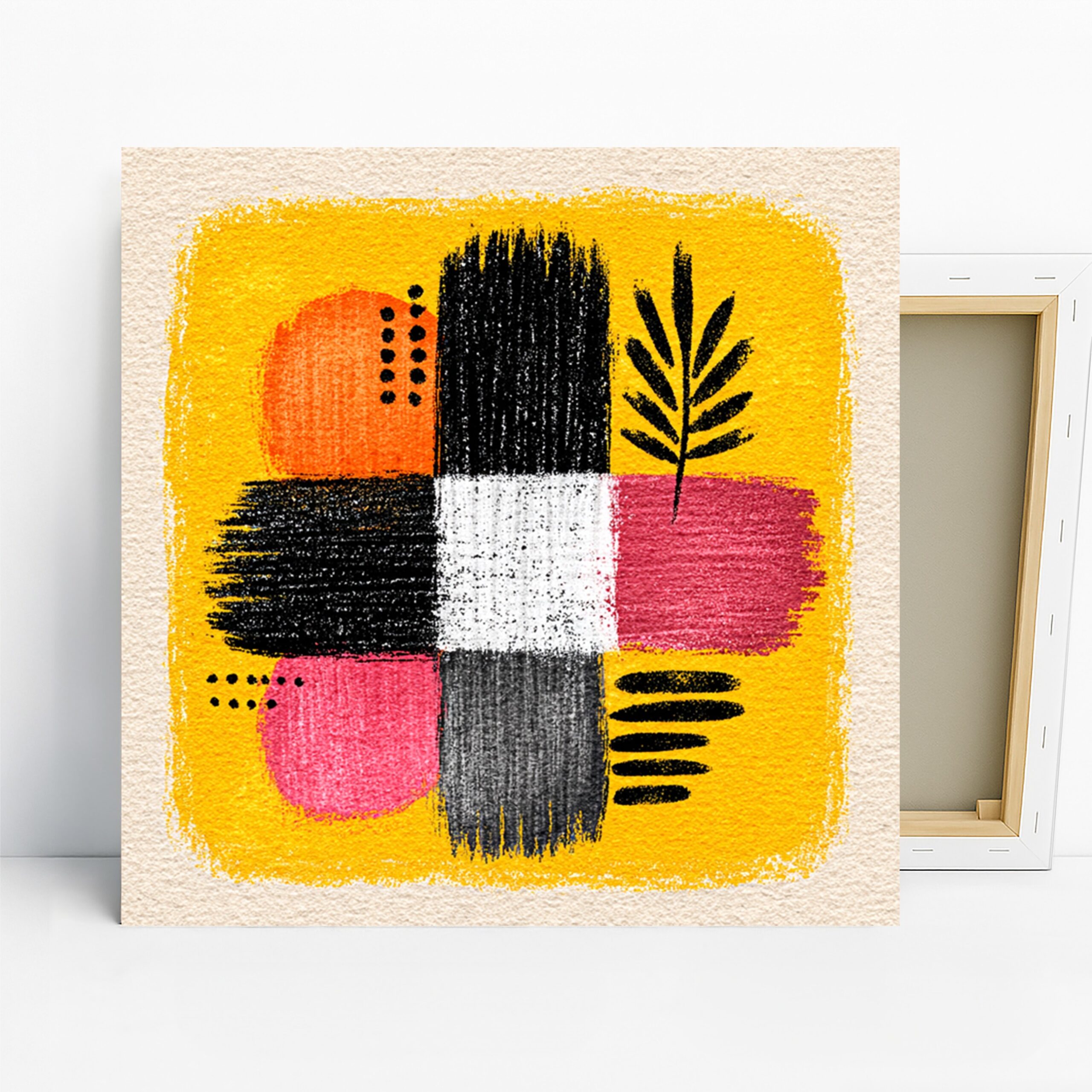 Geometric Botanical Art, Canvas or Poster, Abstract Mid-Century Modern Decor, Living Room Office Bedroom Wall Art, Yellow Black Pink White