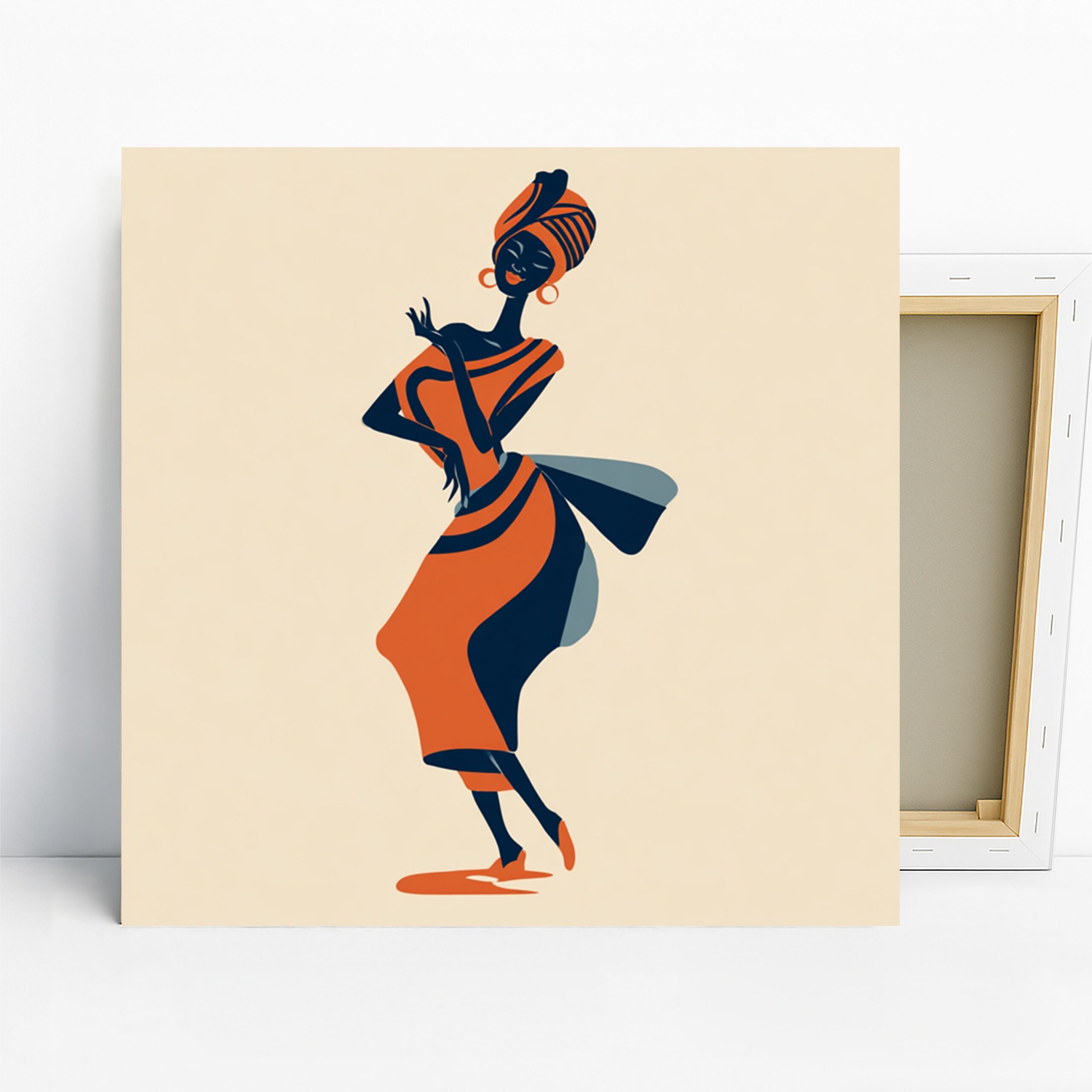 African Woman Dance Art, Canvas or Poster, Whimsical Modern Decor, Living Room Bedroom Office Dining Room Wall Art, Orange Navy Beige White