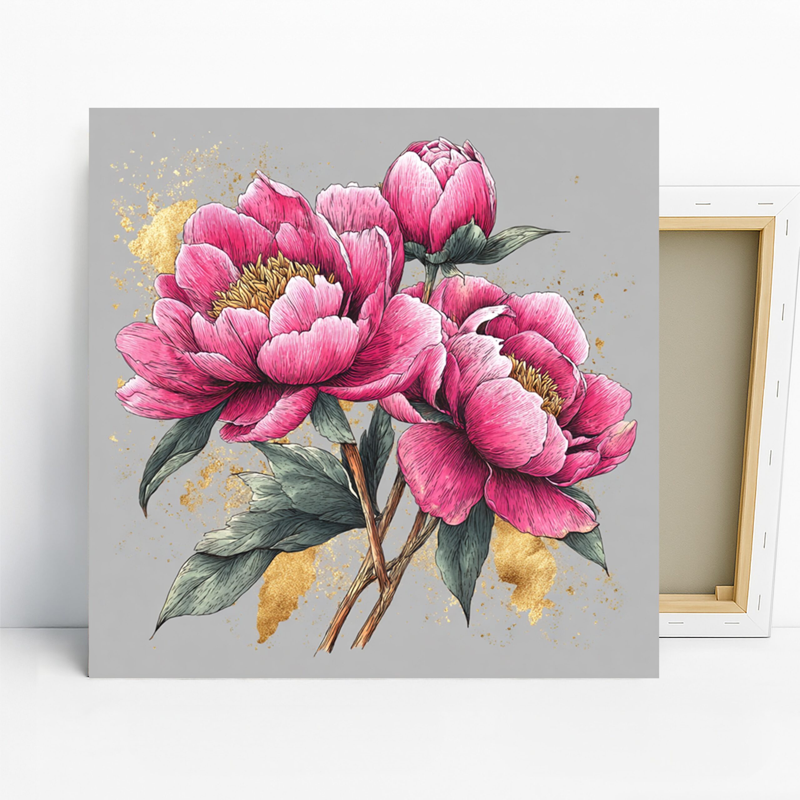 Pink Peony Bloom Art, Canvas or Poster, Floral Contemporary Decor, Living Room Bedroom Dining Room Office Wall Art, Pink Green Gold
