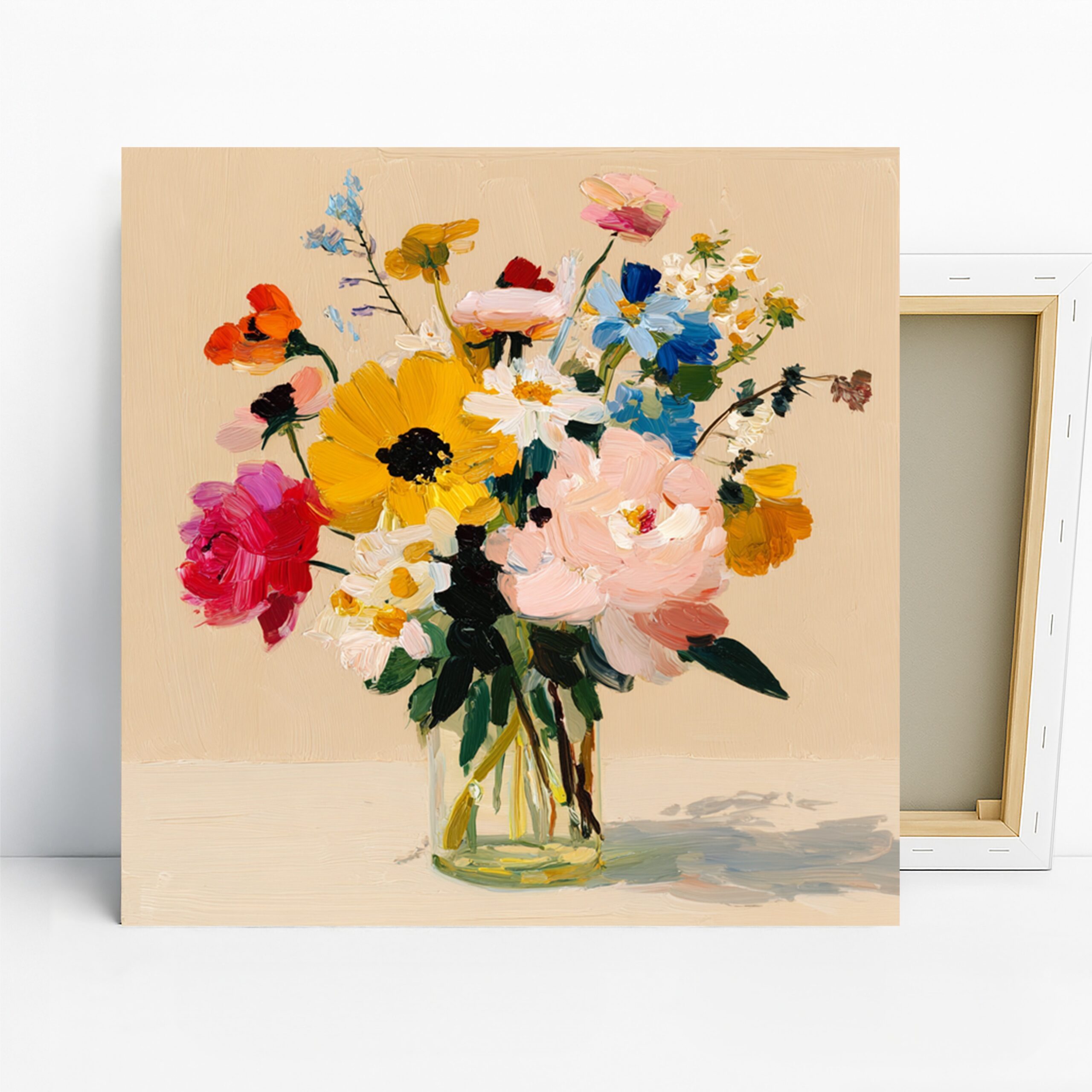 Wildflower Bouquet Art, Canvas or Poster, Floral Impressionism Decor, Living Room Bedroom Dining Room Wall Art, Yellow Pink Blue Red 