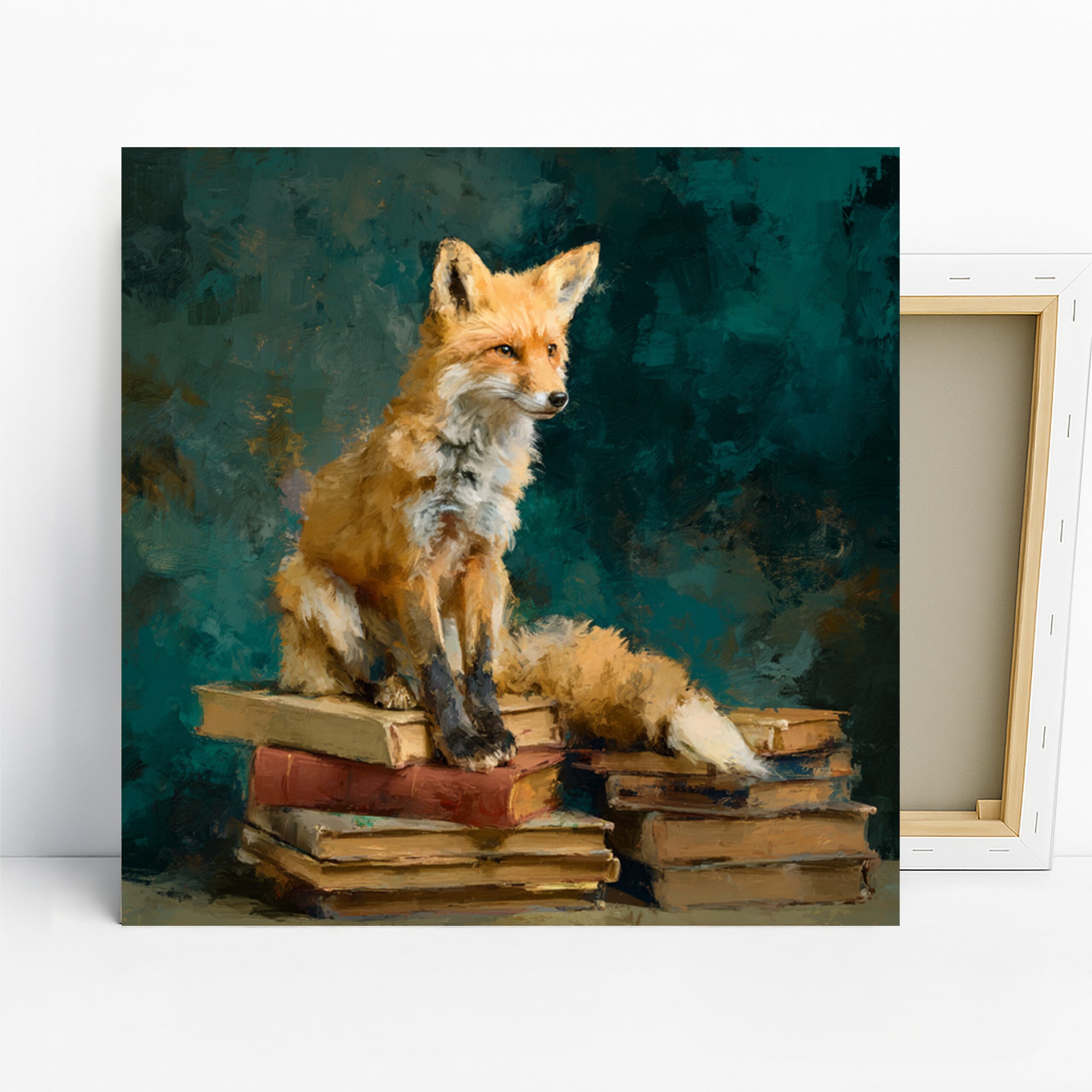 Fox on Books Art, Canvas or Poster, Animal Contemporary Decor, Library Office Living Room Study Wall Art, Orange Teal Brown and White