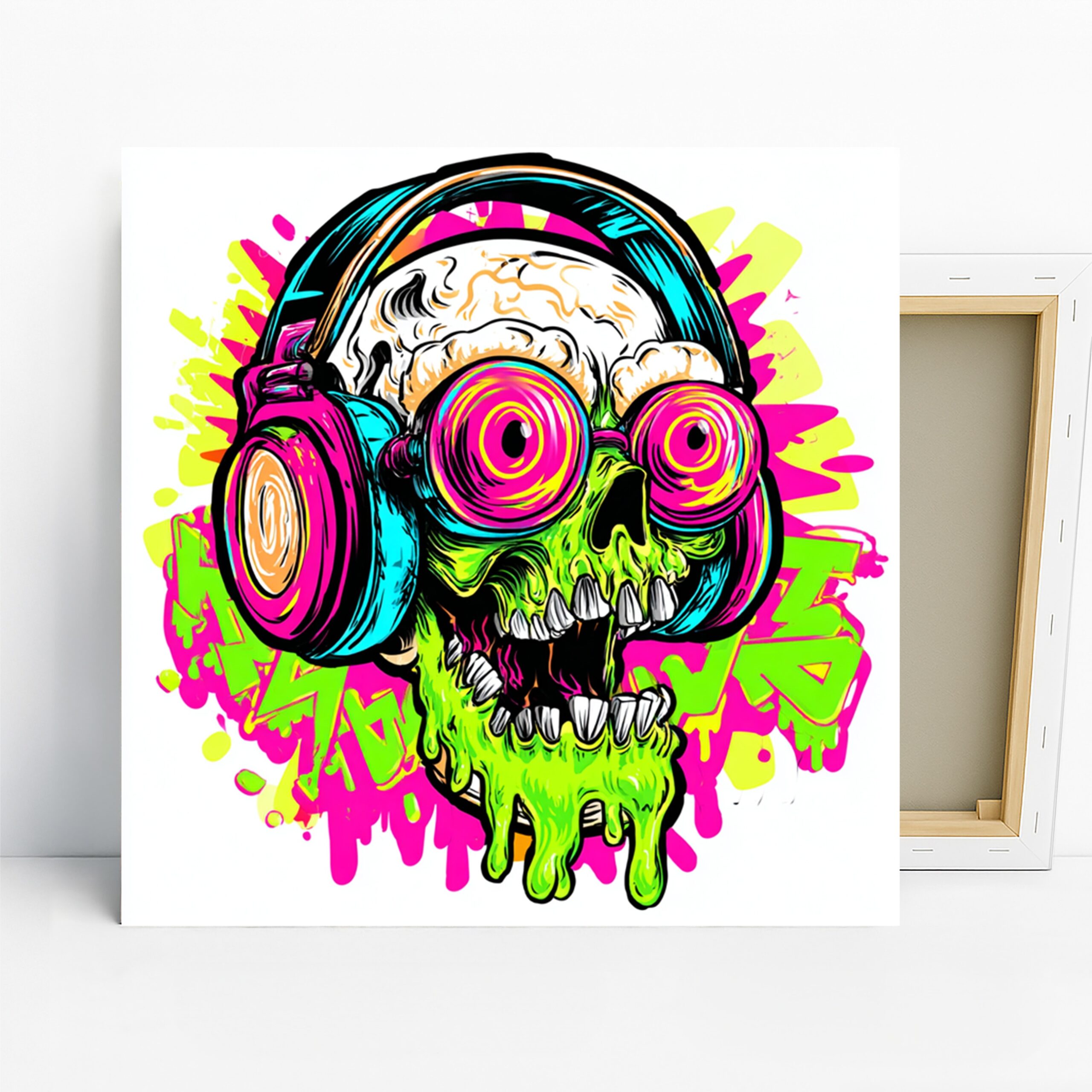 Neon Skull Headphones Art, Canvas or Poster, Pop Art Modern Decor, Living Room Bedroom Game Room Wall Art, Pink Green Blue Yellow
