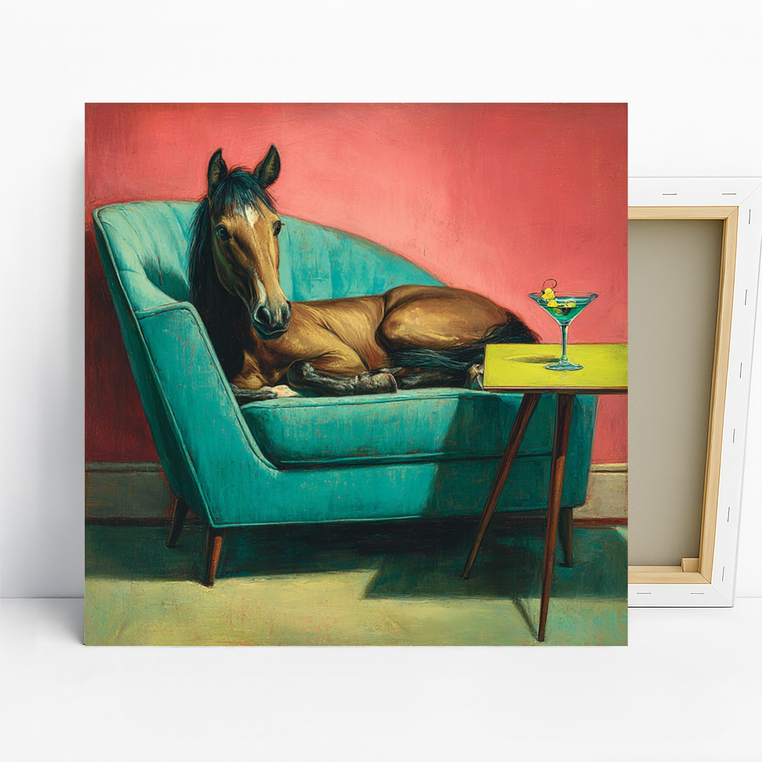 Horse Art, Canvas or Poster, Whimsical Mid-Century Modern Decor, Living Room Office Game Room Wall Art, Turquoise Brown Pink Yellow