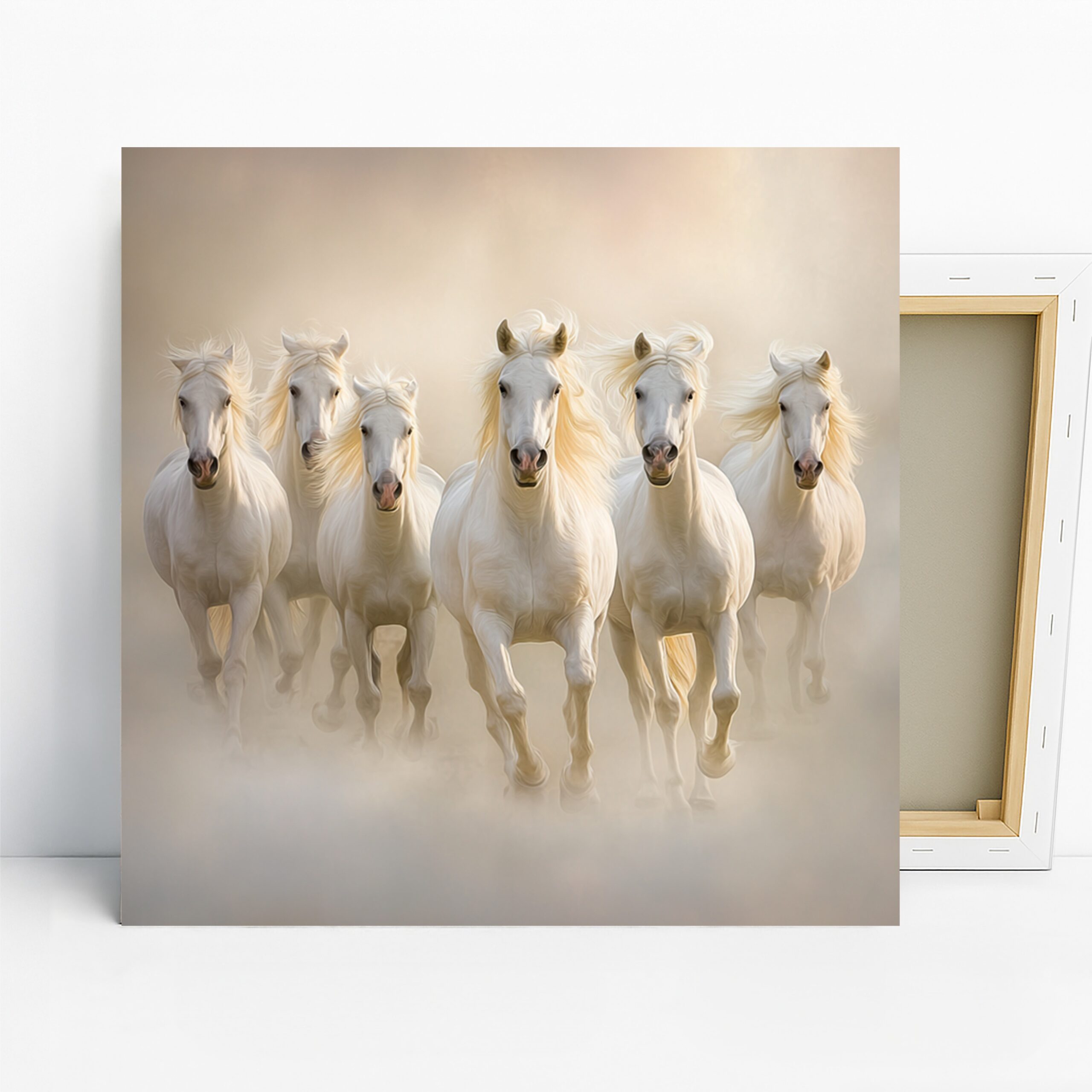 White Horses Running Art, Canvas or Poster, Animal Nature Decor, Living Room Bedroom Office Wall Art, Beige Brown White Colors, Modern Art
