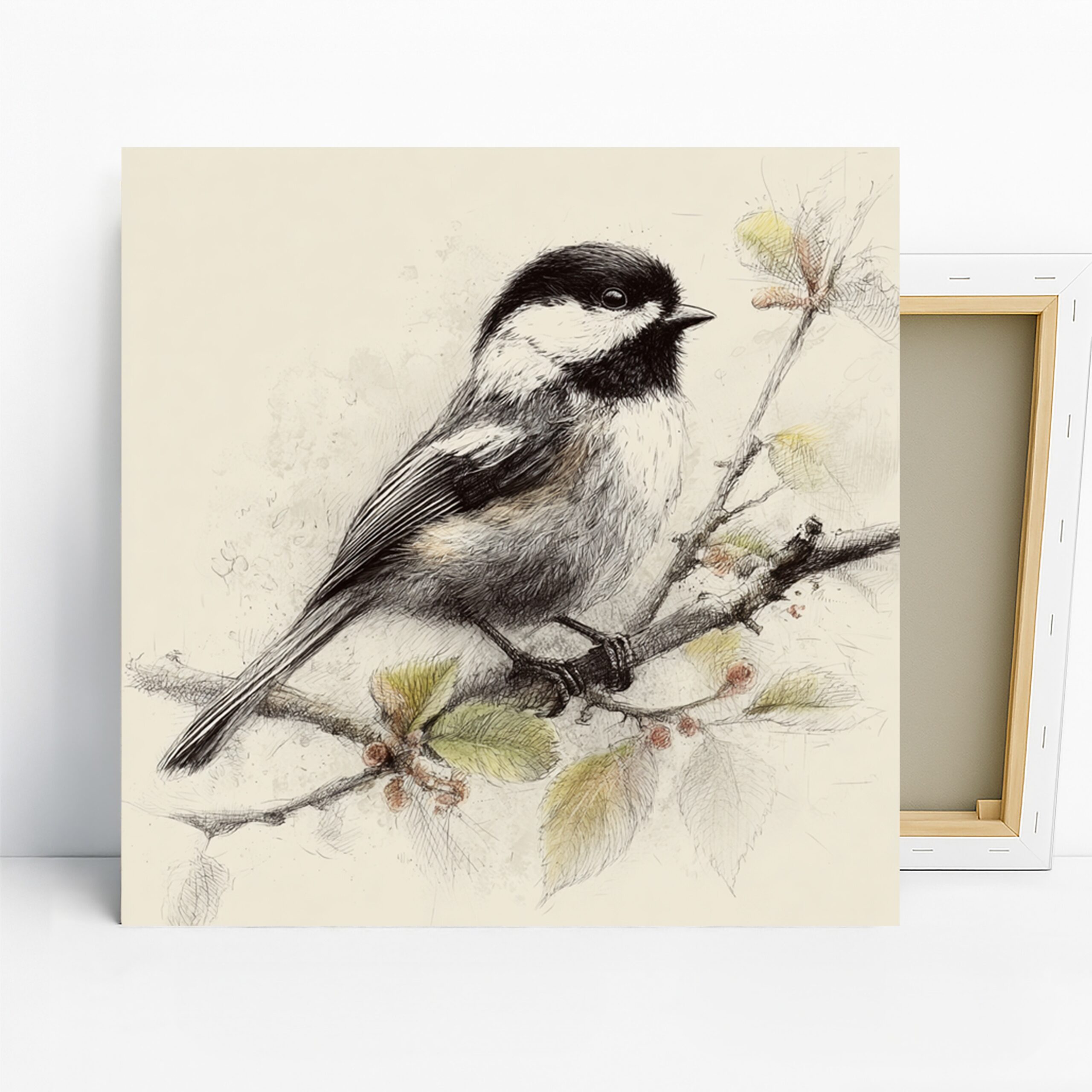 Chickadee Art, Canvas or Poster, Nature Rustic Decor, Living Room Bedroom Office Wall Art, Black White Green Yellow