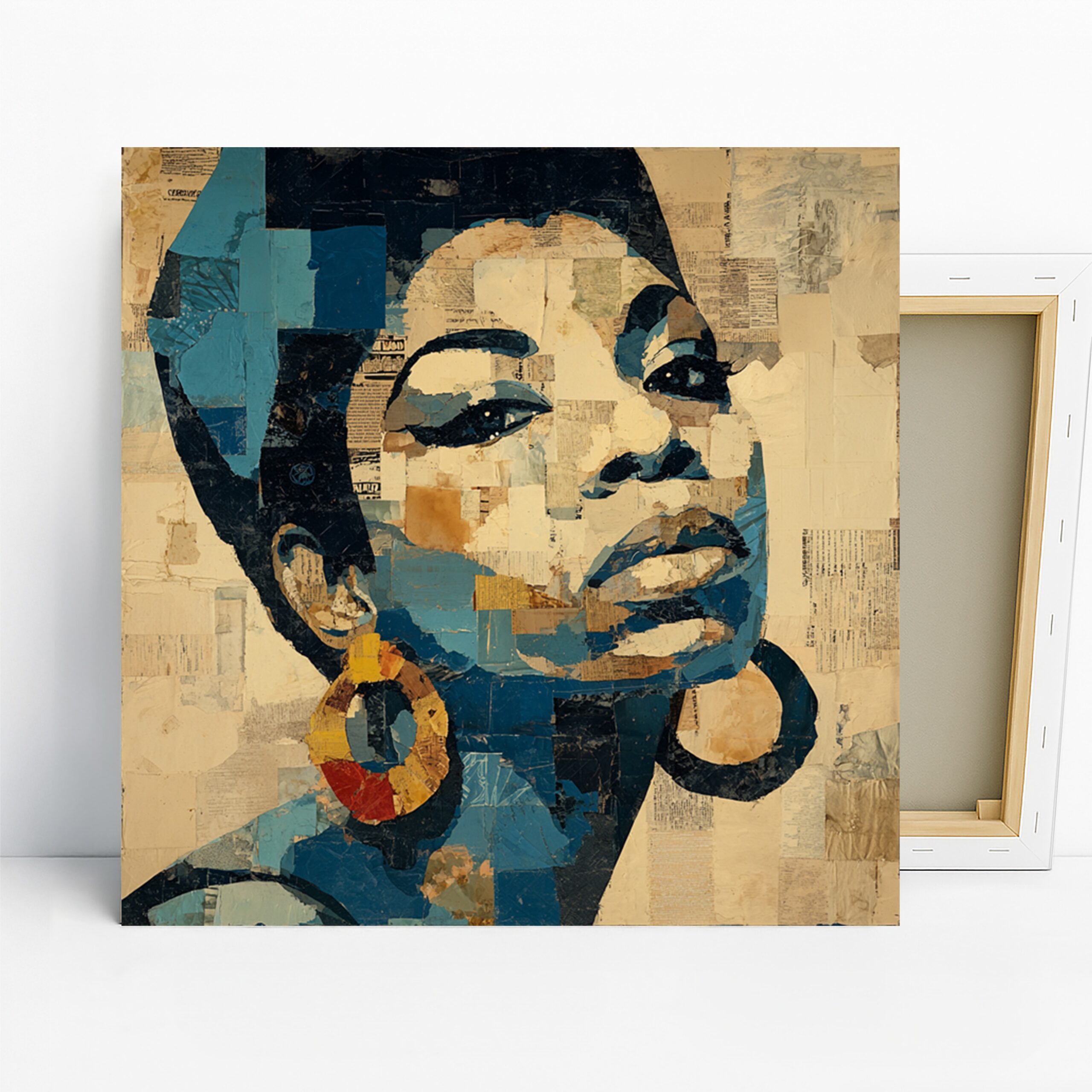 Vintage Glamour Collage Art, Canvas or Poster, Contemporary Eclectic Decor, Living Room Bedroom Office Wall Art, Blue Beige Gold