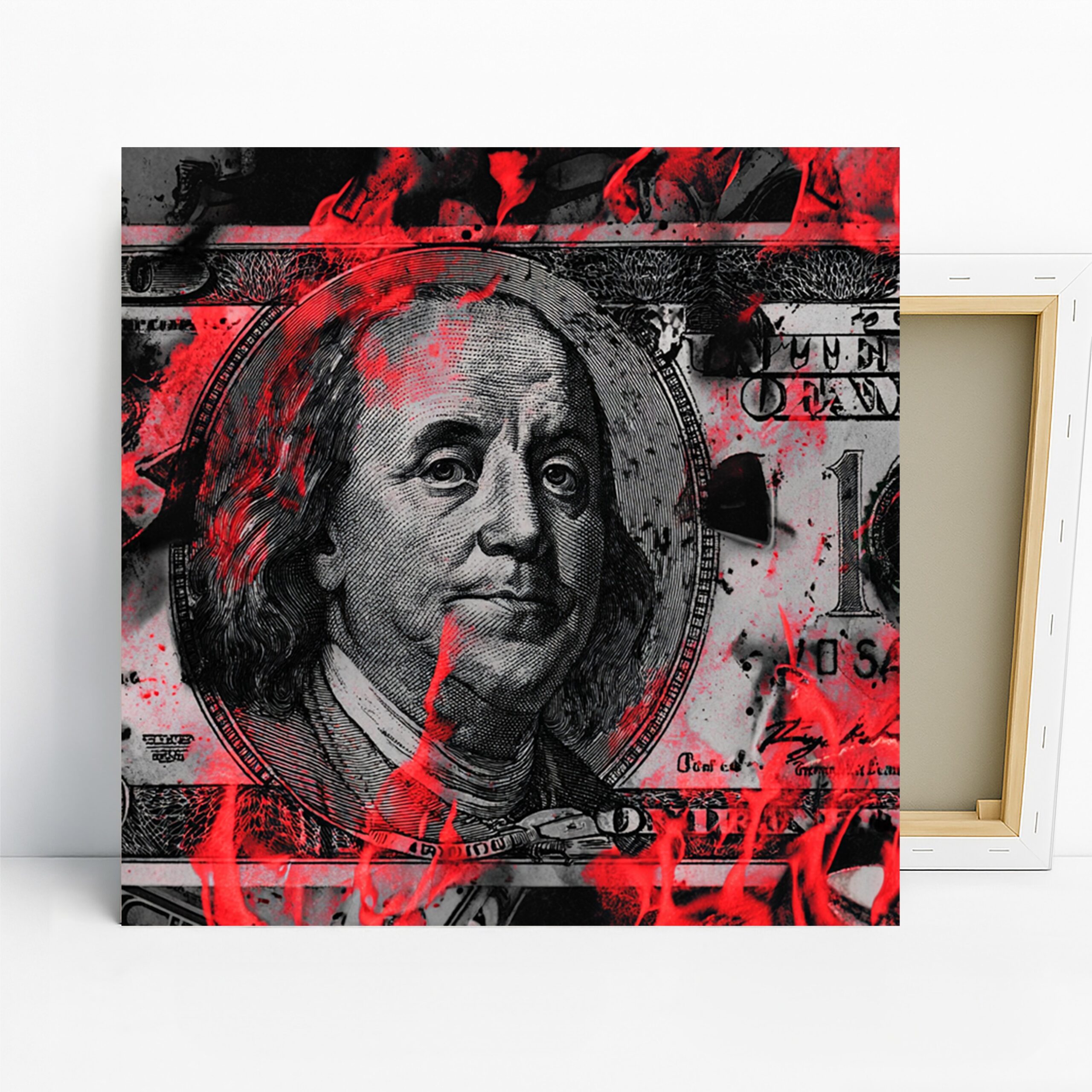 Dollar Bill Inferno Art, Canvas or Poster, Pop Art Urban Decor, Office Living Room Game Room Wall Art, Red Black White Grey