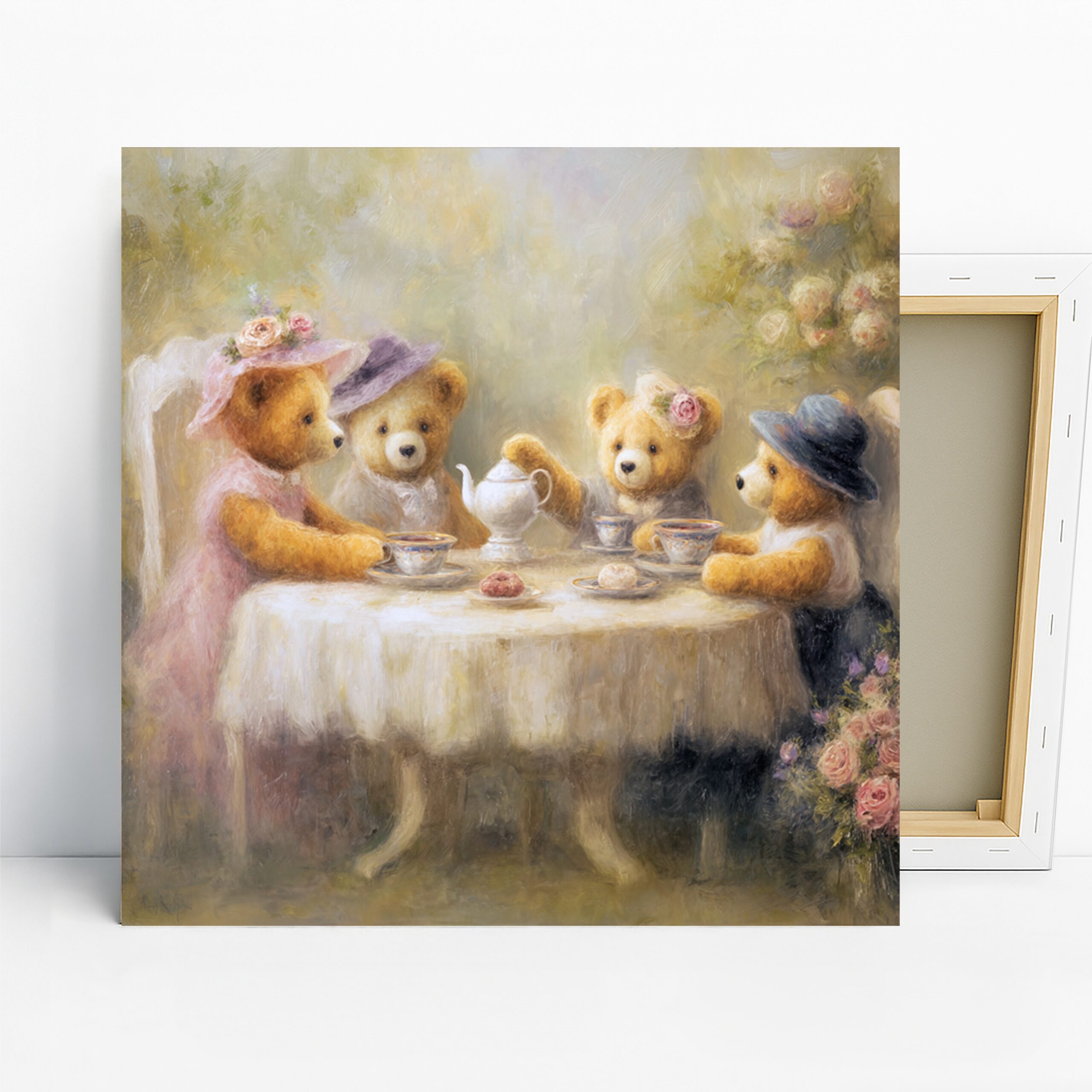 Teddy Bear Art, Canvas or Poster, Whimsical Vintage Decor, Children’s Room Nursery Dining Room Wall Art, Pink Blue Brown and White