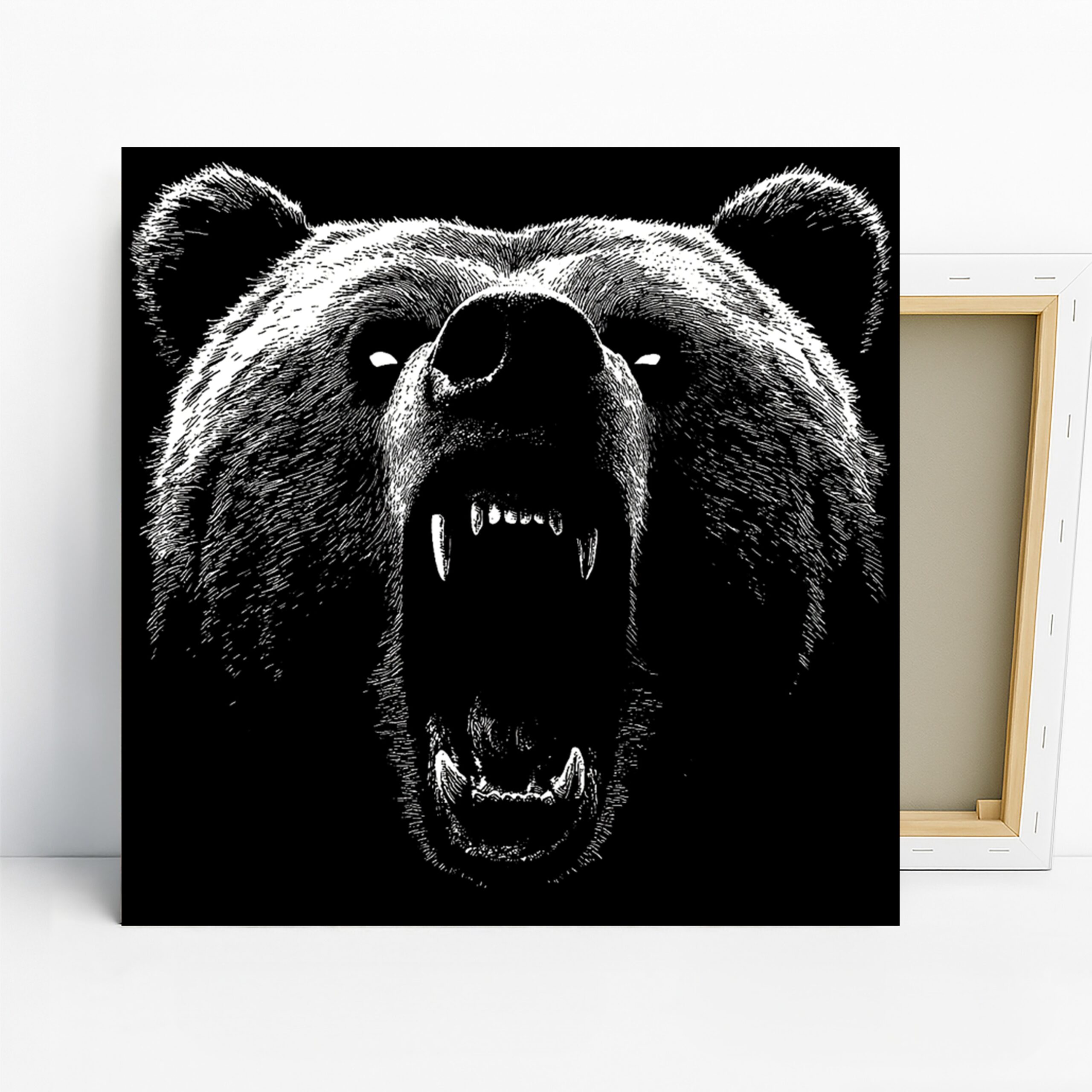 Roaring Bear Art, Canvas or Poster, Animal Contemporary Rustic Decor, Living Room Office Bedroom Game Room Wall Art, Black and White