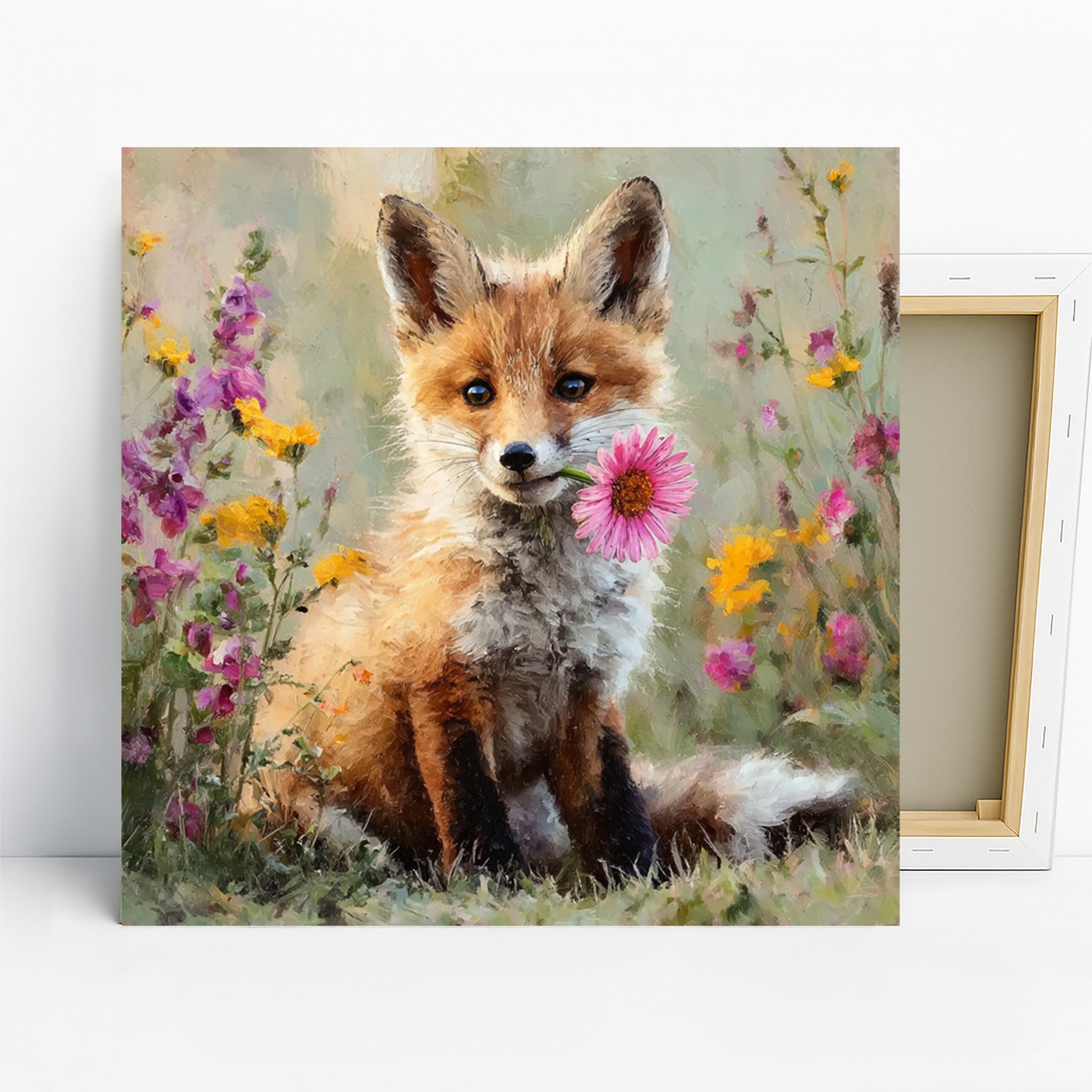 Fox Flower Art, Canvas or Poster, Whimsical Rustic Decor, Living Room Nursery Children’s Room Wall Art, Orange Pink Purple Yellow