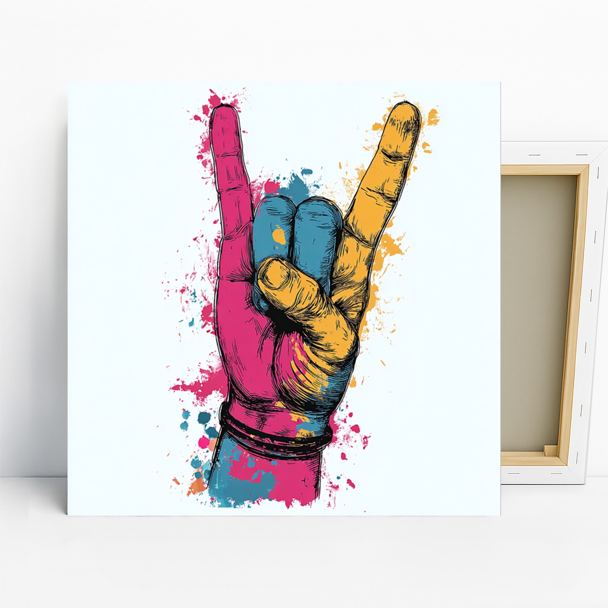 Rock On Hand Sign Art, Canvas or Poster, Pop Art Street Art Decor, Living Room Home Office Game Room Wall Art, Pink Blue Yellow Orange
