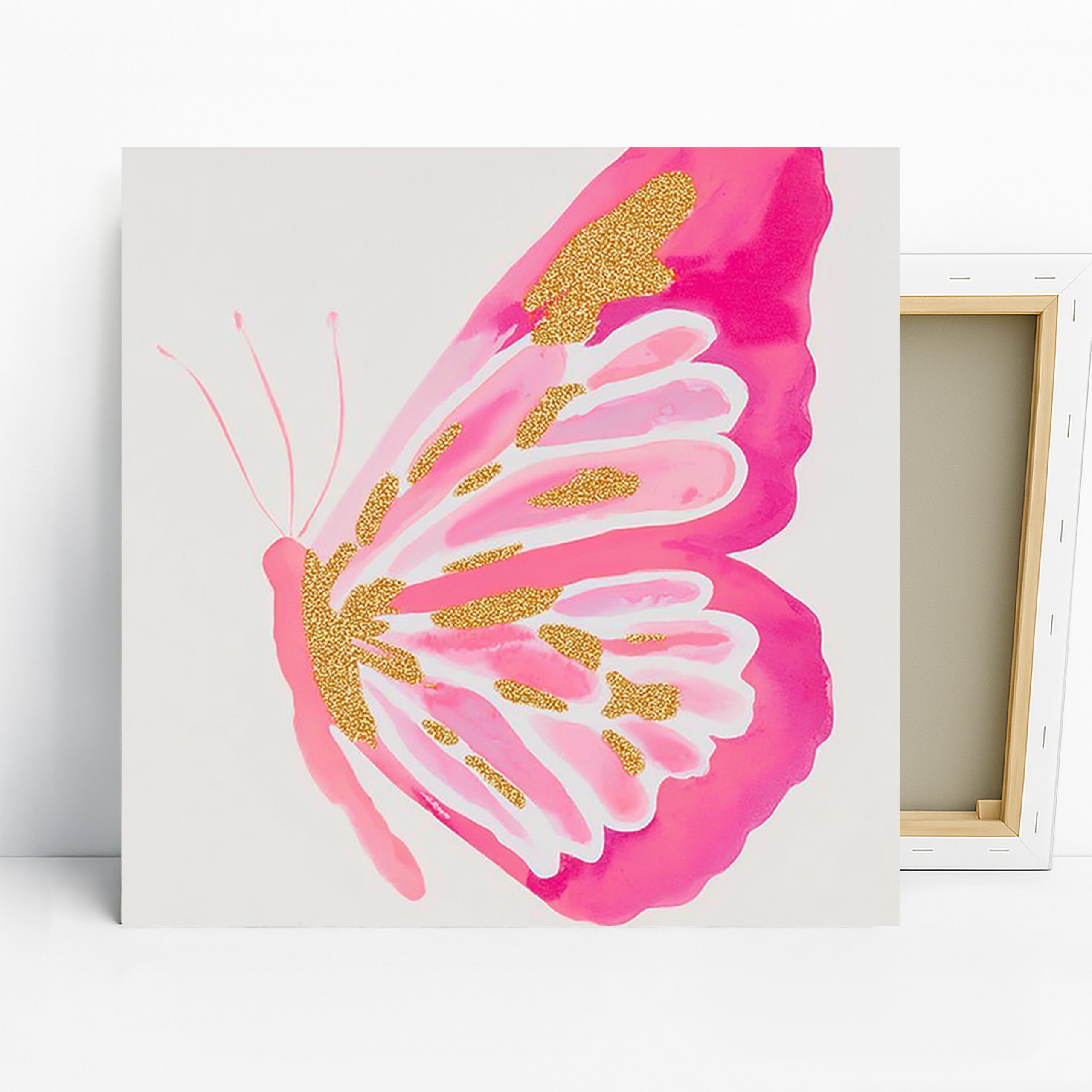 Pink Butterfly Art, Canvas or Poster, Whimsical Modern Decor, Girls Room Nursery Bedroom Wall Art, Pink Gold White, Nature Inspired Elegance