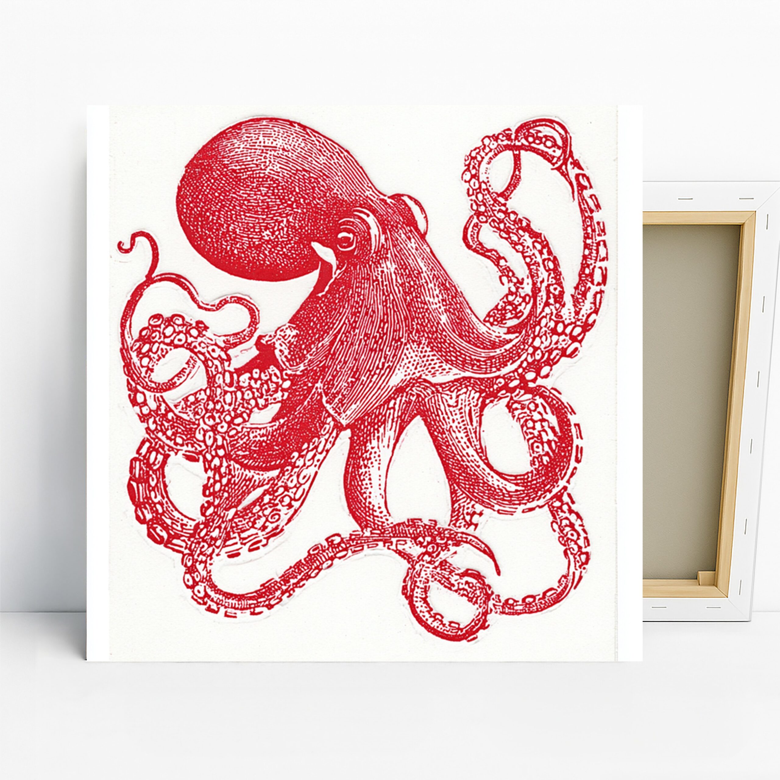 Red Octopus Art, Canvas or Poster, Contemporary Minimalist Decor, Bathroom Kitchen Living Room Office Wall Art, Bold Red White Color