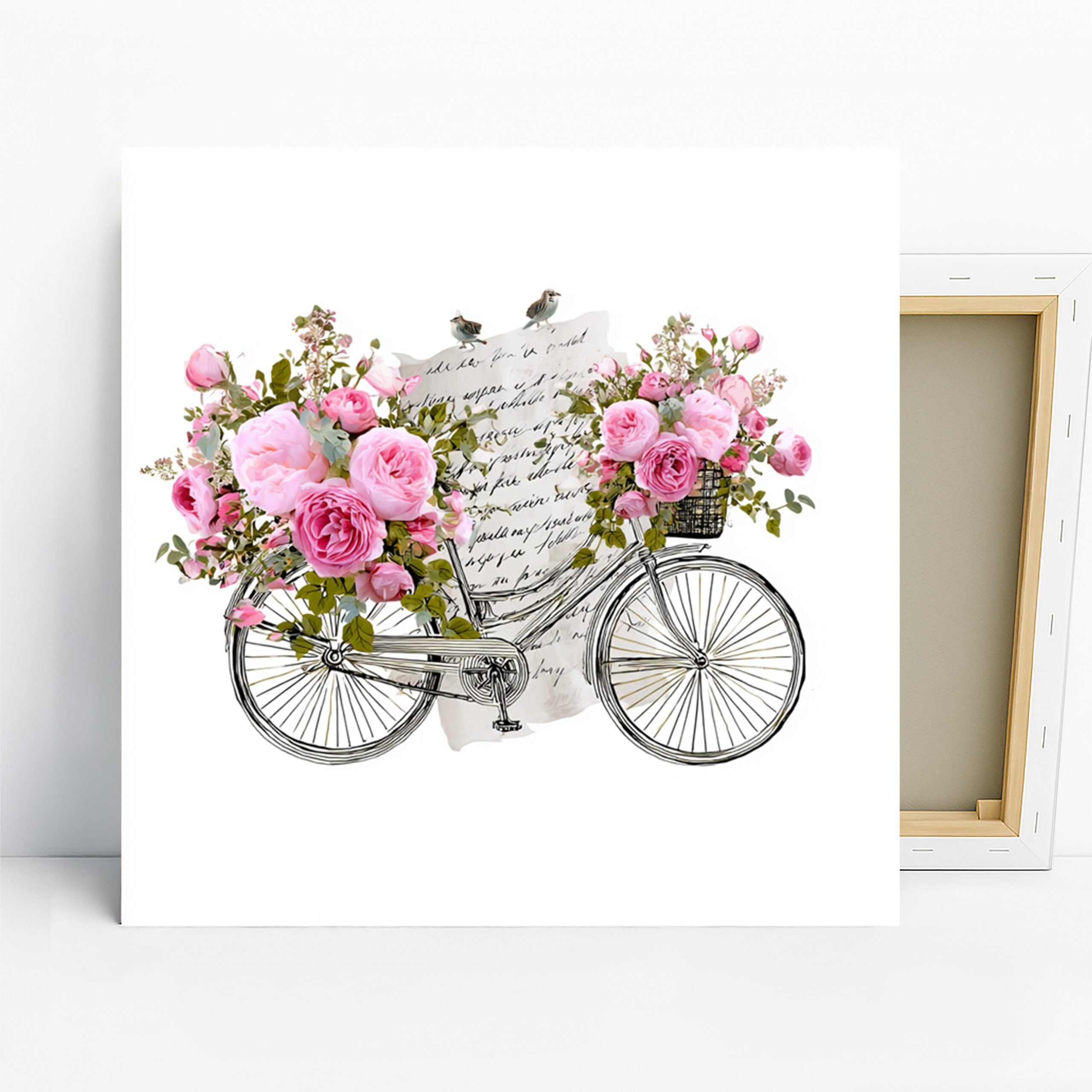 Bird Bicycle Art, Canvas or Poster, Vintage Floral Decor, Living Room Bedroom Entryway Wall Art, Pink Green White, Shabby Chic