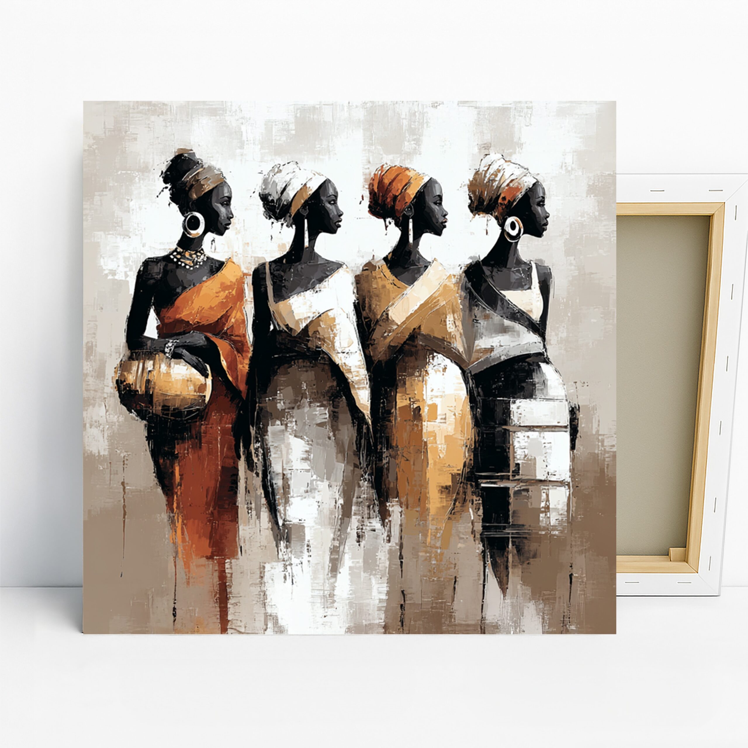 African Women Elegance Art, Canvas or Poster, Contemporary Bohemian Decor, Living Room Bedroom Office Wall Art, Orange Brown White Black
