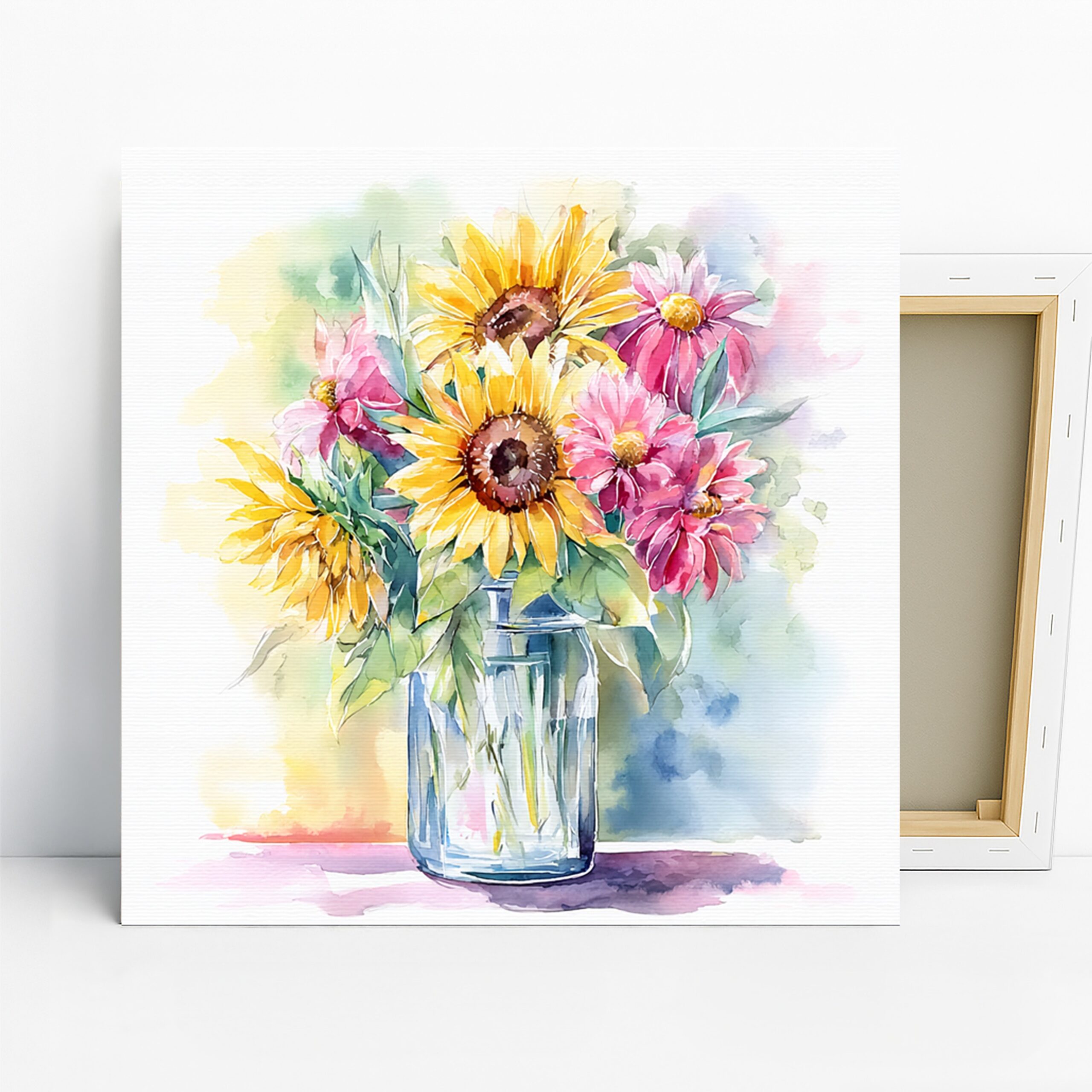 Sunflower Bouquet Art, Canvas or Poster, Floral Impressionism Rustic Decor, Living Room Bedroom Dining Room Wall Art, Yellow Pink Green Blue